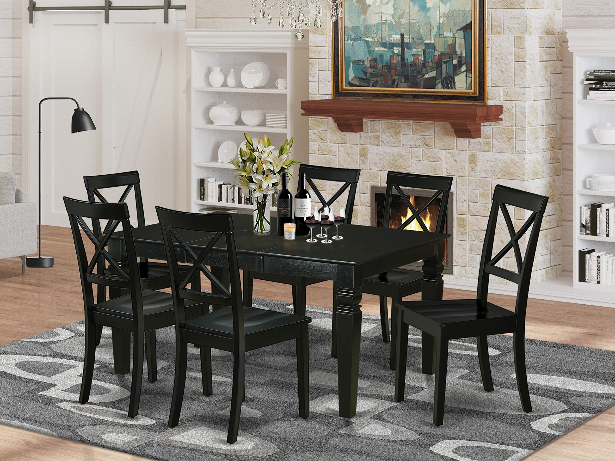 East West Furniture Webo7-Blk-W 7 Piece Room Set Consist Of A Rectangle Kitchen Table With Butterfly Leaf And 6 Dining Chairs, 42X60 Inch, Black