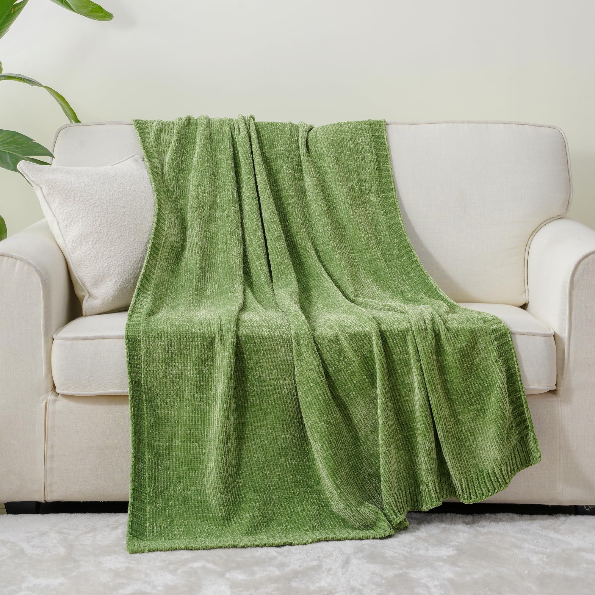 Battilo Home Chenille Knitted Throw Blanket For Couch, Spring Summer Green Throw Blanket For Home Decor, Decorative Cozy Soft Mo