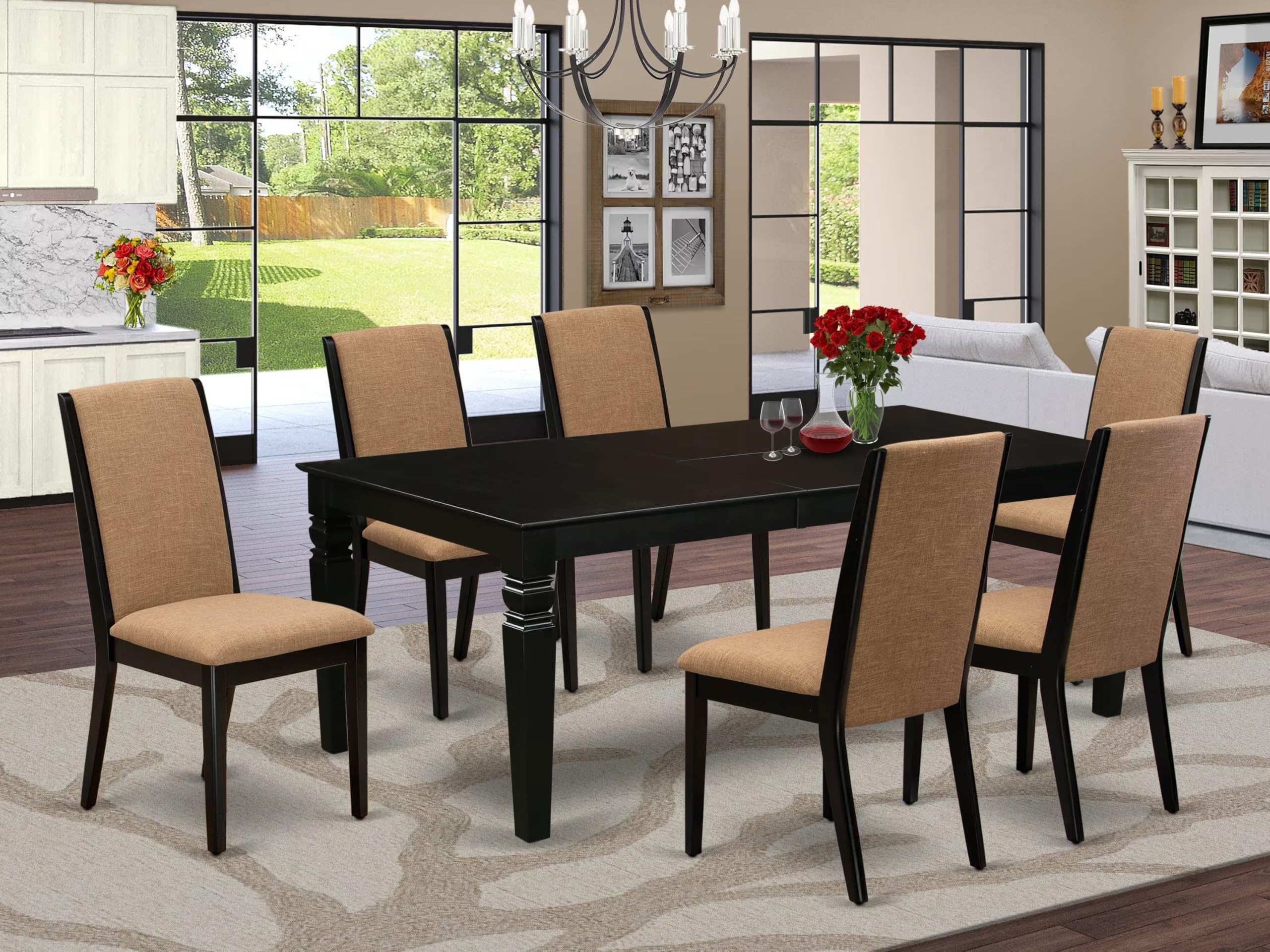 East West Furniture LGLA7-BLK-47 7 Piece Dining Table Set Consist of a Rectangle Wooden Table with Butterfly Leaf and 6 Light Sable Linen Fabric Upholstered Chairs, 42x84 Inch, Black
