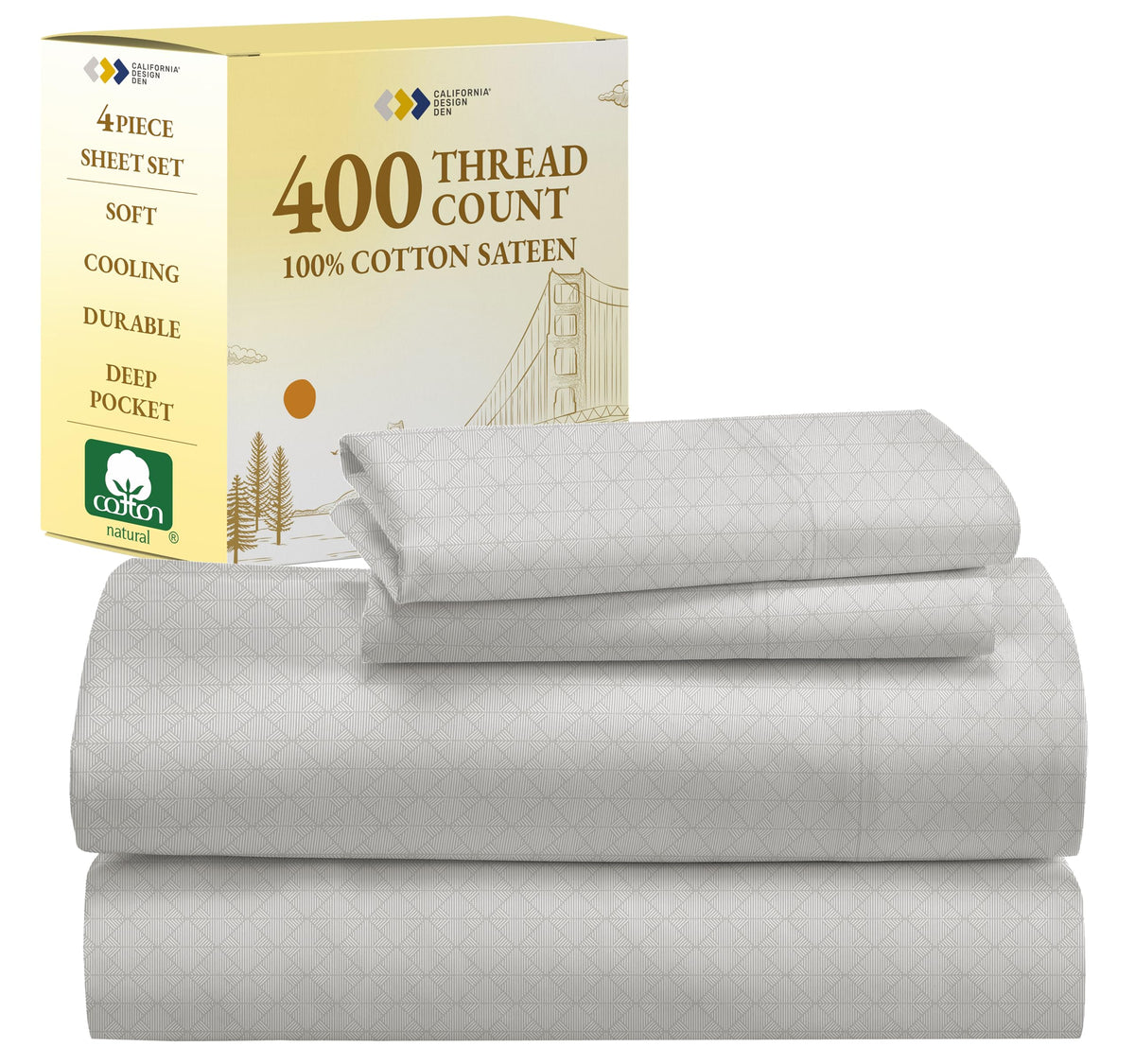 California Design Den 100% Cotton King Bed Sheet Set - 400 Thread Count Deep Pocket King Size Sheets & Pillowcase Set (Taupish-S