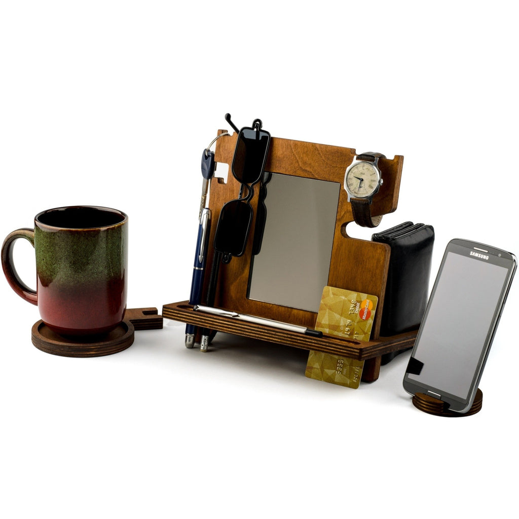 Wood Phone Docking Station For Men - Wooden Watch Wallet Stand For Husband - Mens Nightstand Organizer - Valet Tray Charging Sta