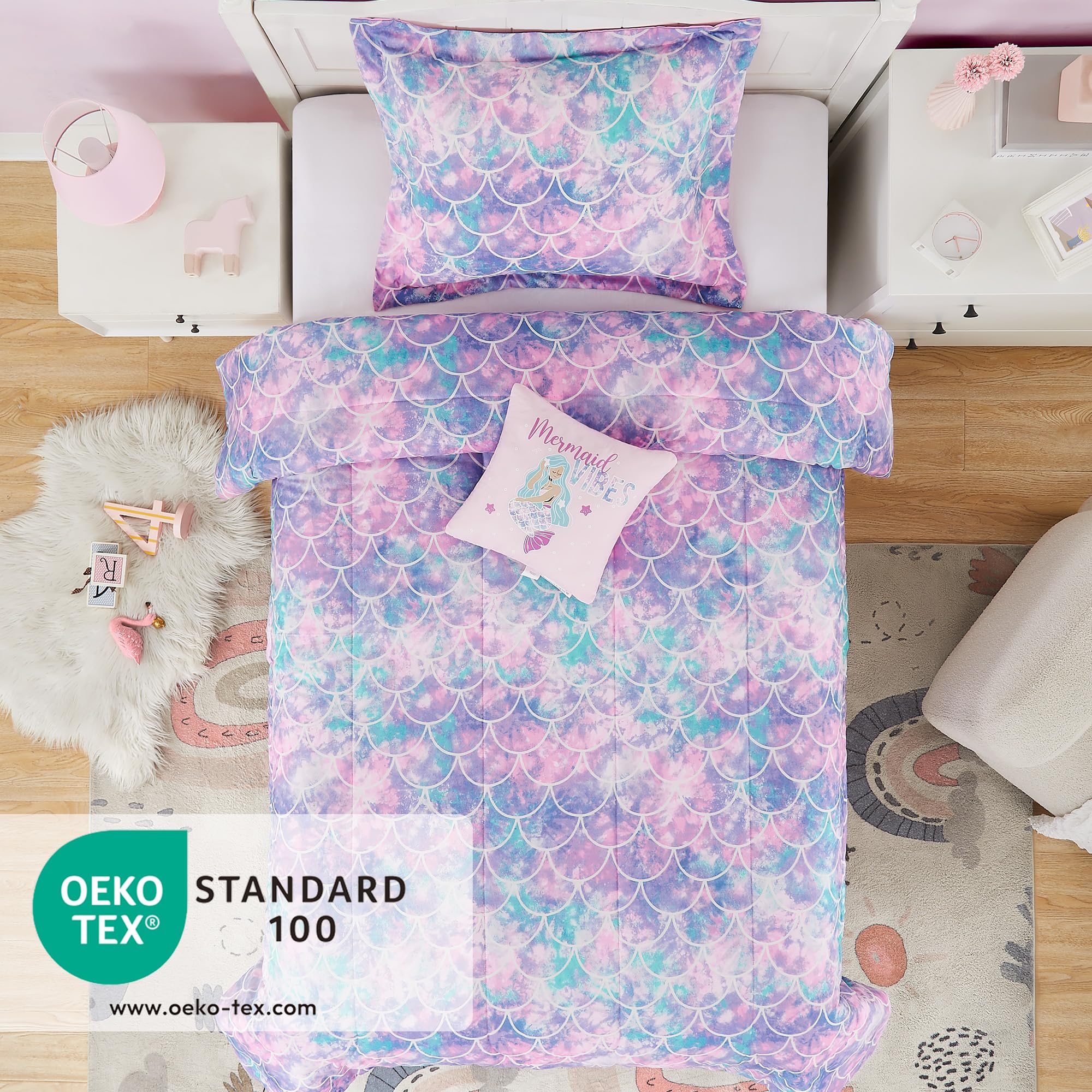 Kaleido Space Kaleidospace Pink Comforter Set Full For Kids, Glow In The Dark Mermaid Bedding Sets With Decor Pillow, 4 Pieces G