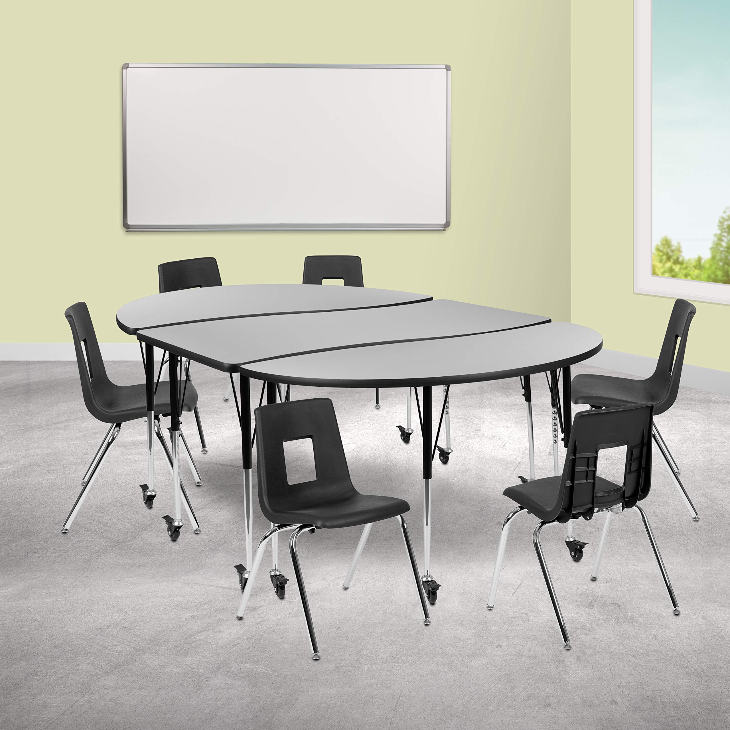 Flash Furniture Mobile 86 Oval Wave Collaborative Laminate Activity Table Set with 18 Student Stack Chairs, Grey/Black