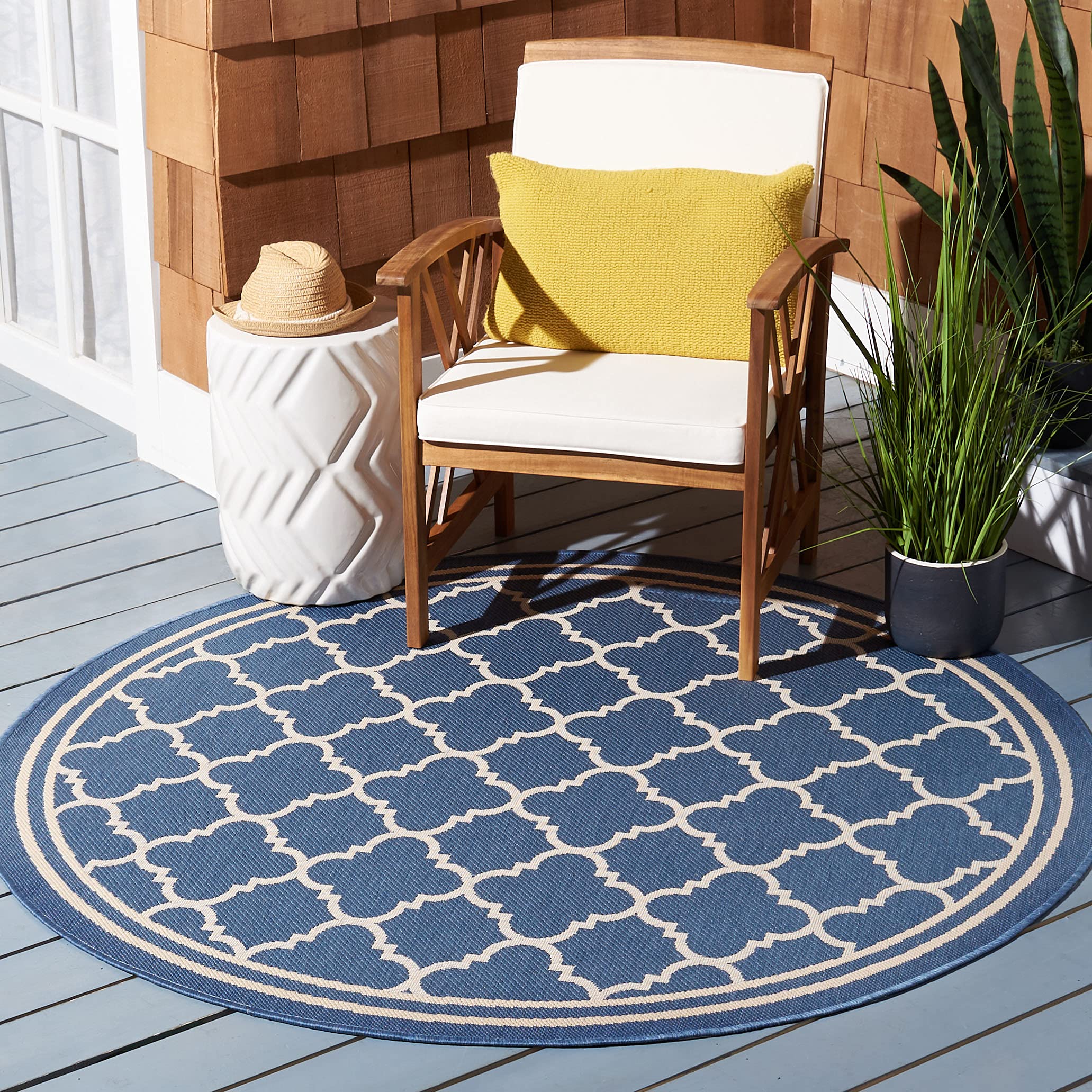 SAFAVIEH Courtyard Collection 710 Round Blue/Beige CY6918 Trellis Indoor/ Outdoor Splashproof Easy Scrubbing Patio Backyard Mud
