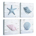 TideAndTales Beach Decor Seashell Wall Art - (Set of 4) Textured 3D Shells and Starfish Decorations for Home or Beach House, Rus