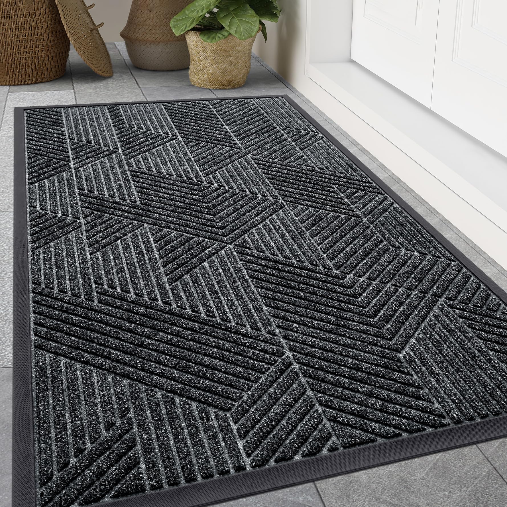 Smiry Front Door Mat Outside Entrance, Heavy Duty Natural Rubber Mat, Sturdy Trap Dirt And Moisture Indoor Outdoor Door Mat, Easy Clean Low Profile Doormat Outdoor Entrance, 47X32 Inch, Grey