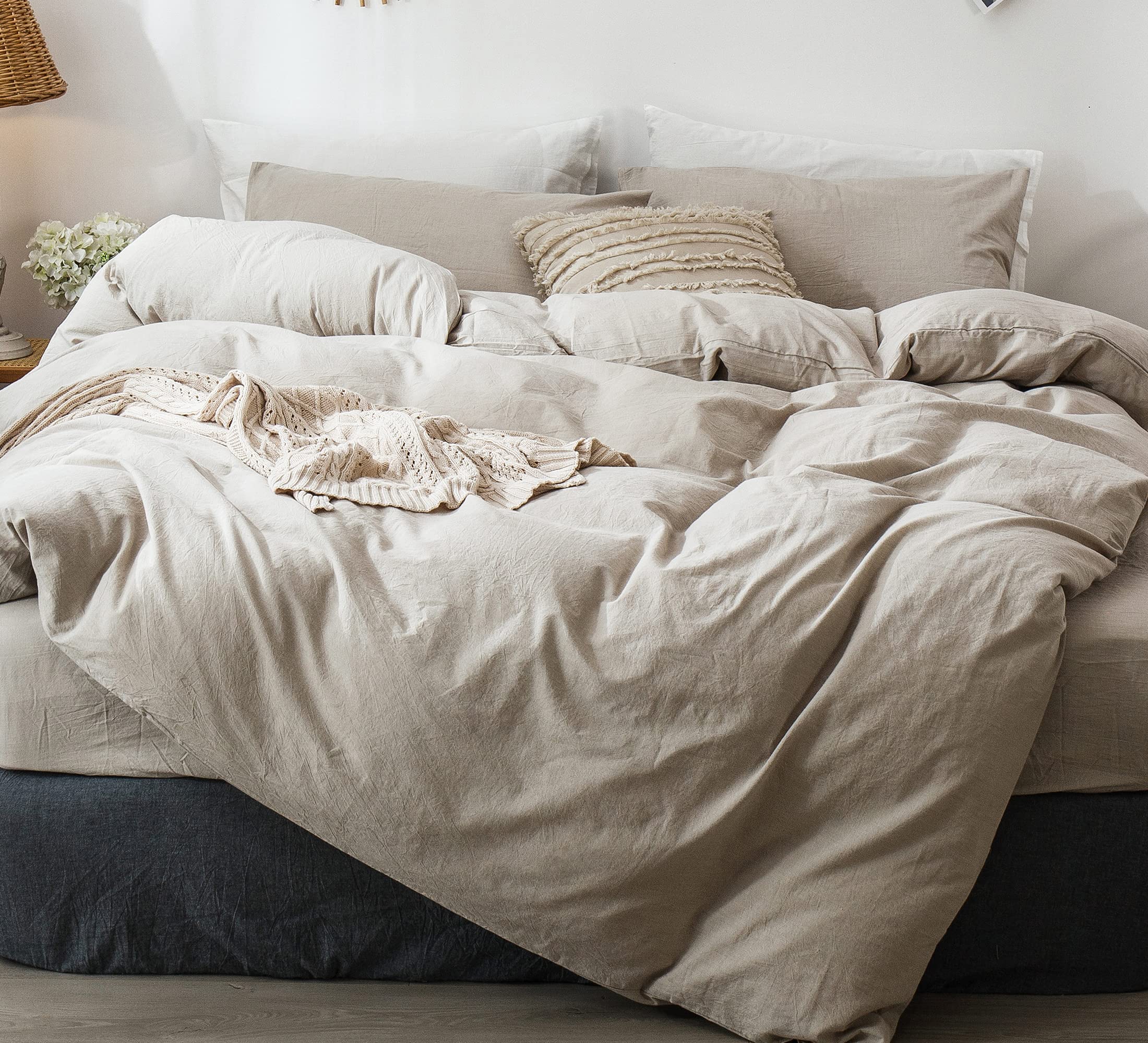 Moomee Bedding Duvet Cover Set 100% Washed Cotton Linen Like Textured Breathable Durable Soft Comfy (Tannish Linen Grey, Twin)