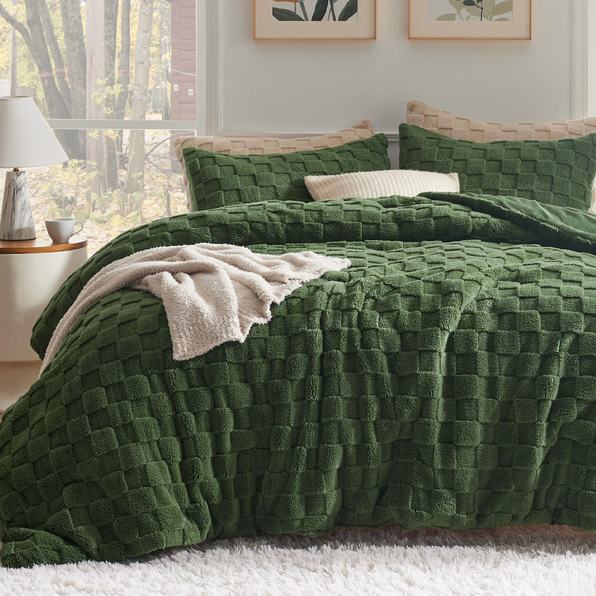 Bedsure Fluffy Queen Comforter Set, Olive Green Plush Fleece Bed Set, Checkered Farmhouse Boho Soft Warm Bedding For Winter, 3 P