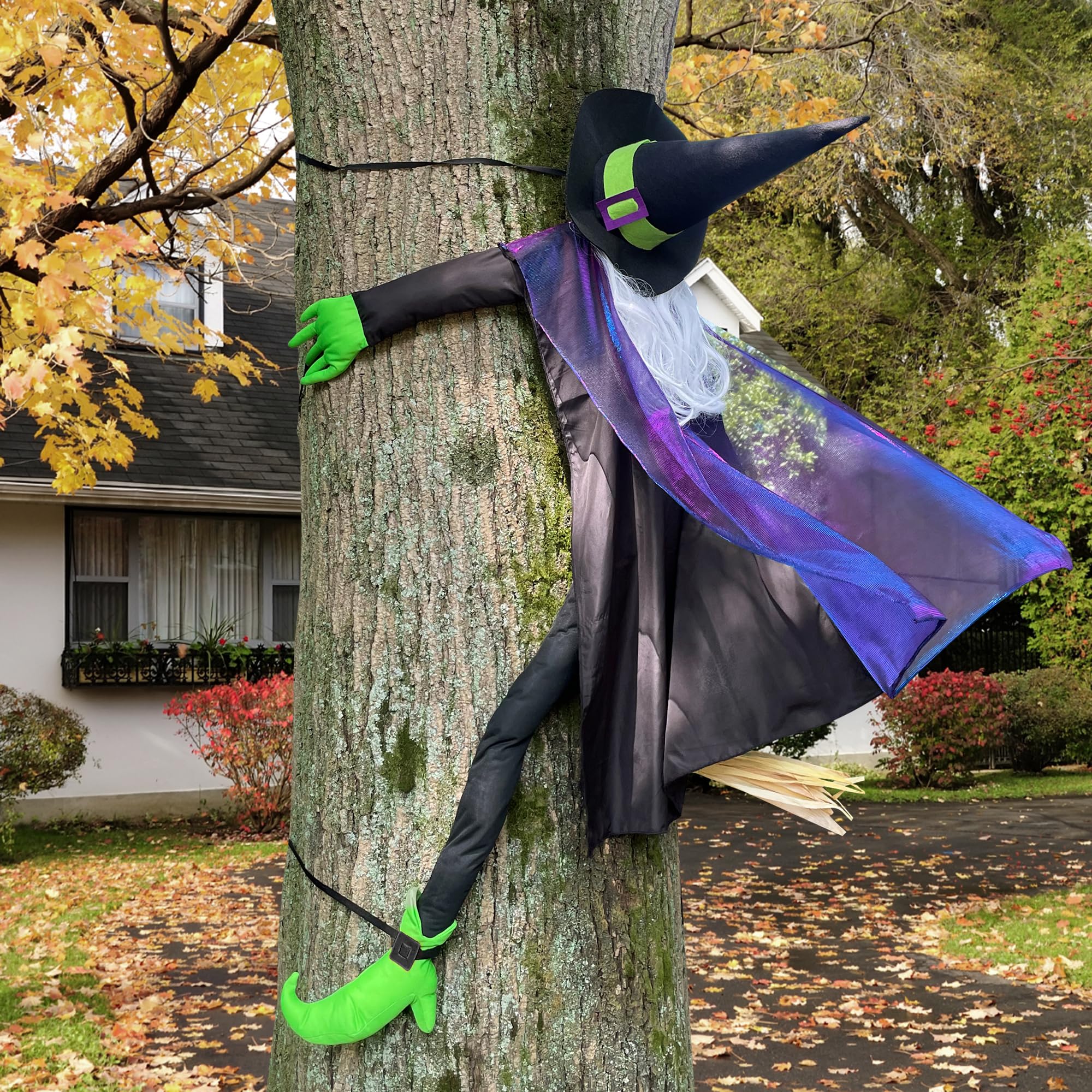 Popgiftu 64' Large Crashing Witch Decorations, Funny Witch Crashing Into Tree Halloween Outdoor Decor, Hanging Into Tree/Door/G