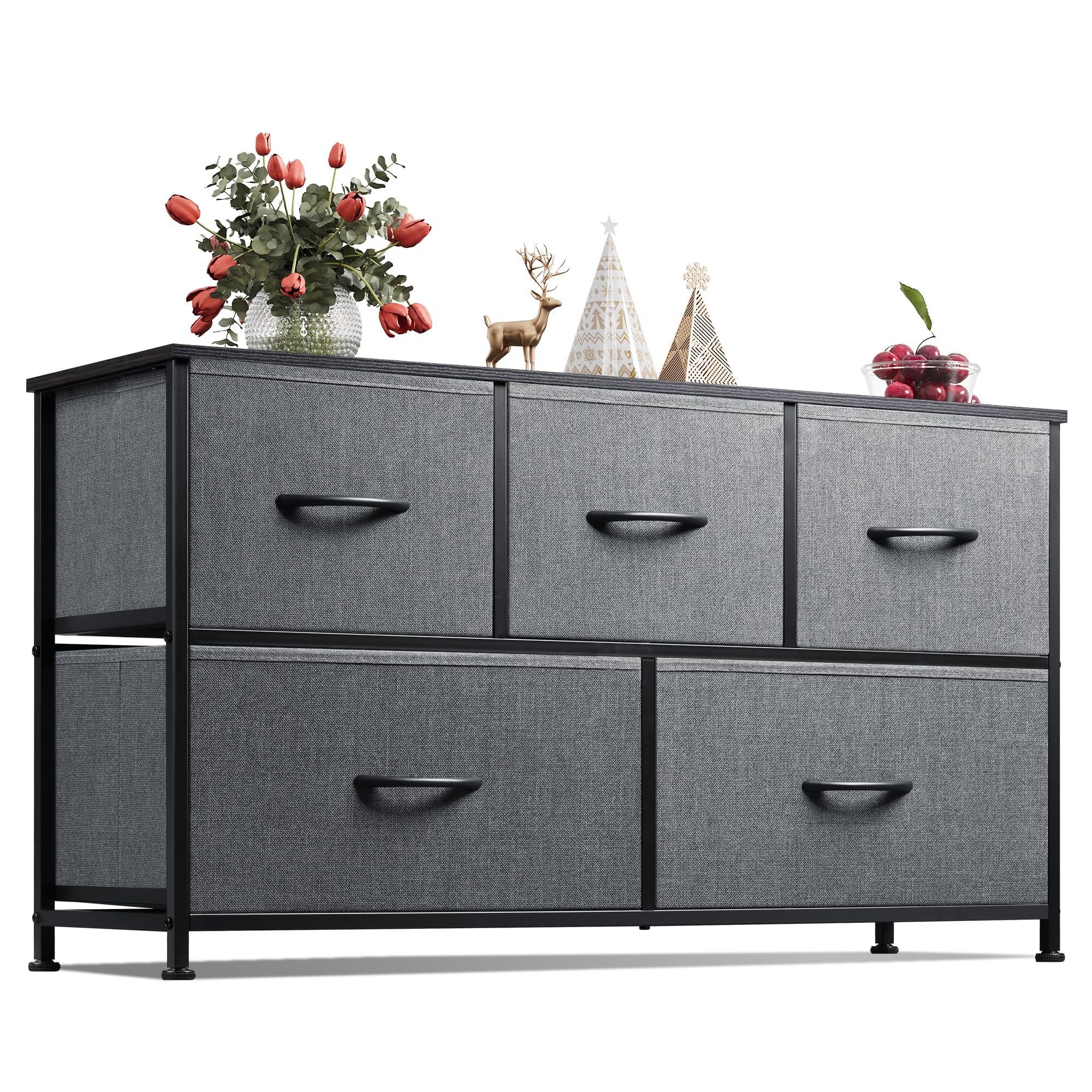 Wlive Dresser For Bedroom With 5 Drawers, Wide Chest Of Drawers, Fabric Dresser, Storage Organizer Unit With Fabric Bins For Closet, Living Room, Hallway, Dark Grey
