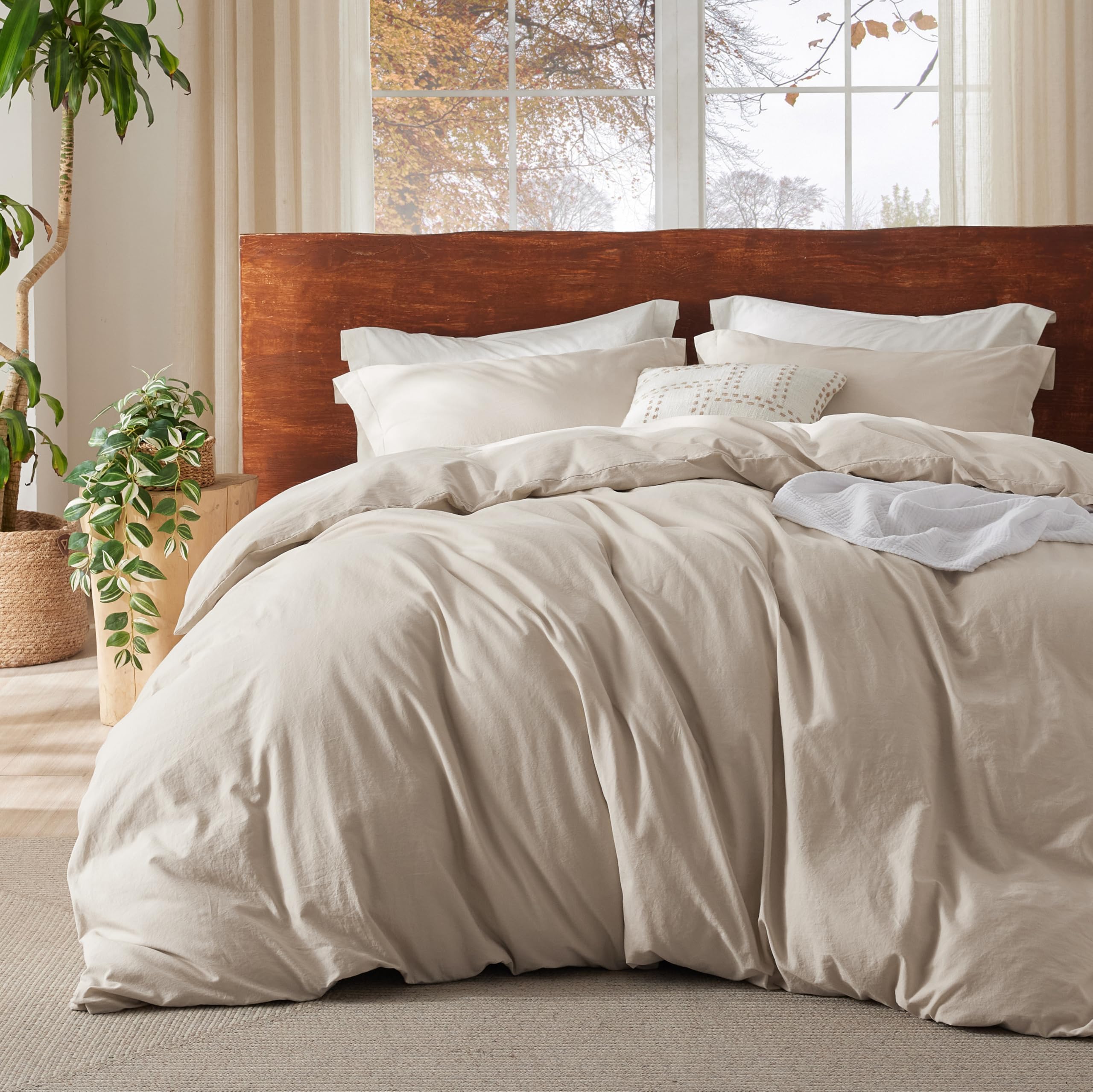 Bedsure 100% Washed Cotton Duvet Cover Cal King - Beige Minimalist Cotton Duvet Cover Linen Like - 3 Pieces Gentlesoft™ Plain Simple Bedding Set With 2 Pillow Shams (Beige, California King, 104'X98')