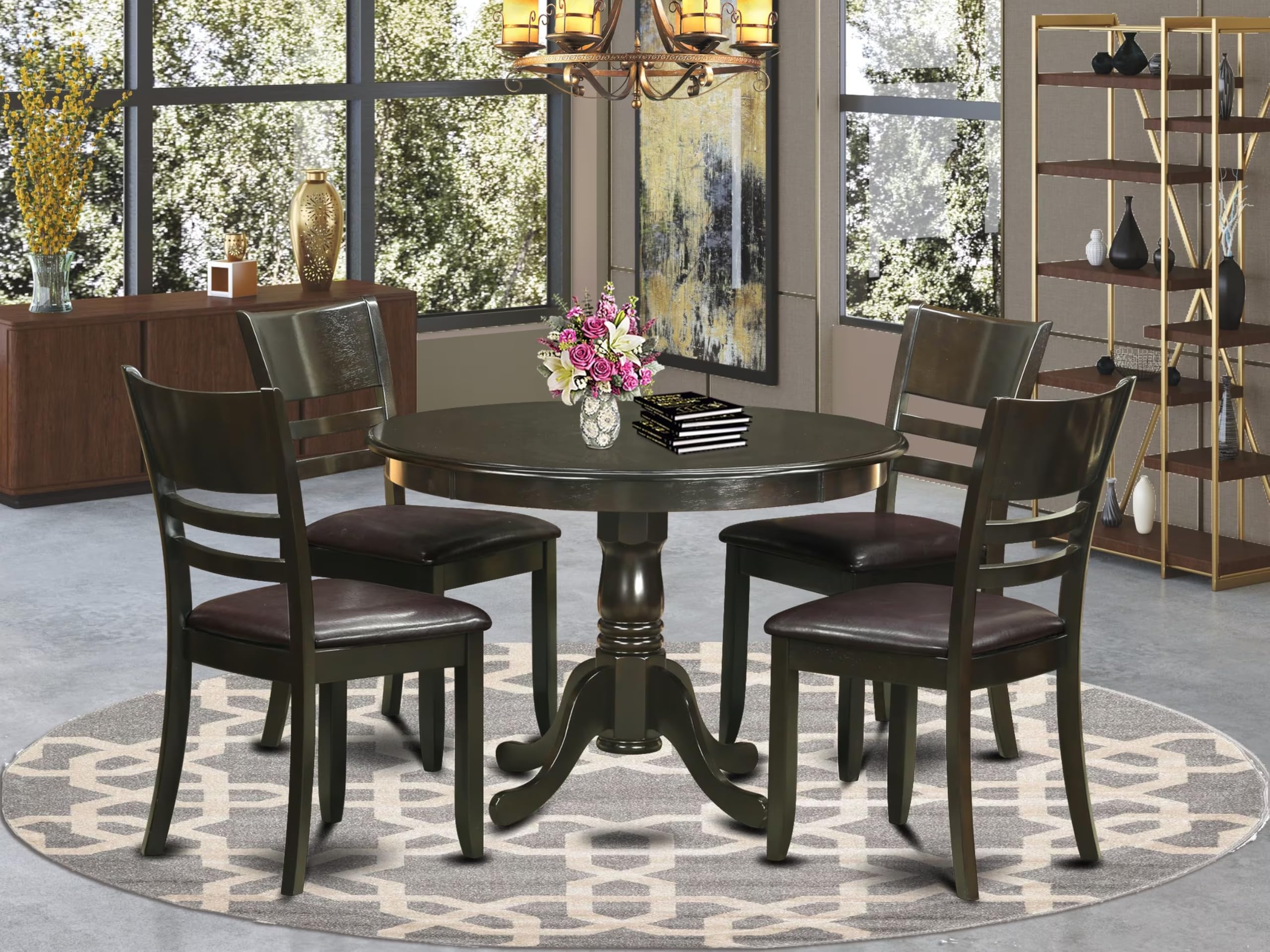 East West Furniture HLLY5-CAP-LC 5 Piece Kitchen Table Set for 4 Includes a Round Dining Room Table with Pedestal and 4 Faux Leather Upholstered Dining Chairs, 42x42 Inch, Cappuccino