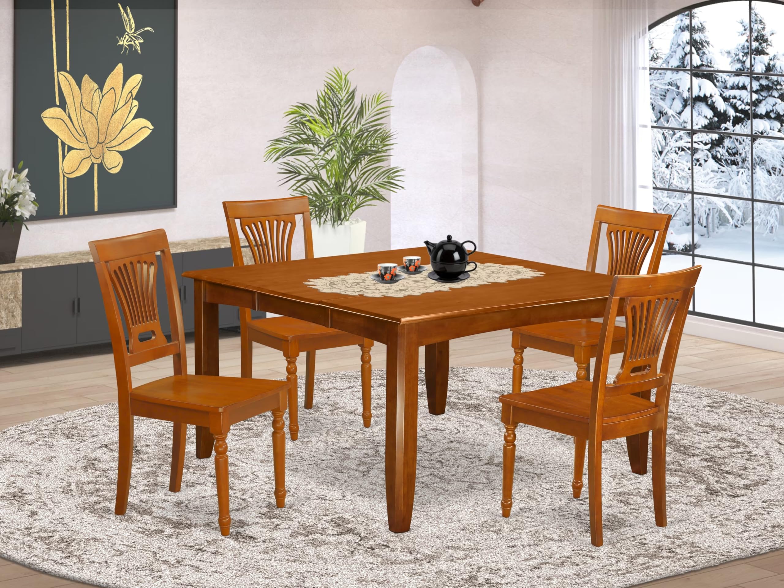 East West Furniture PFPL5-SBR-W 5 Piece Kitchen Table & Chairs Set Includes a Square Dining Room Table with Butterfly Leaf and 4 Dining Chairs, 54x54 Inch, Saddle Brown
