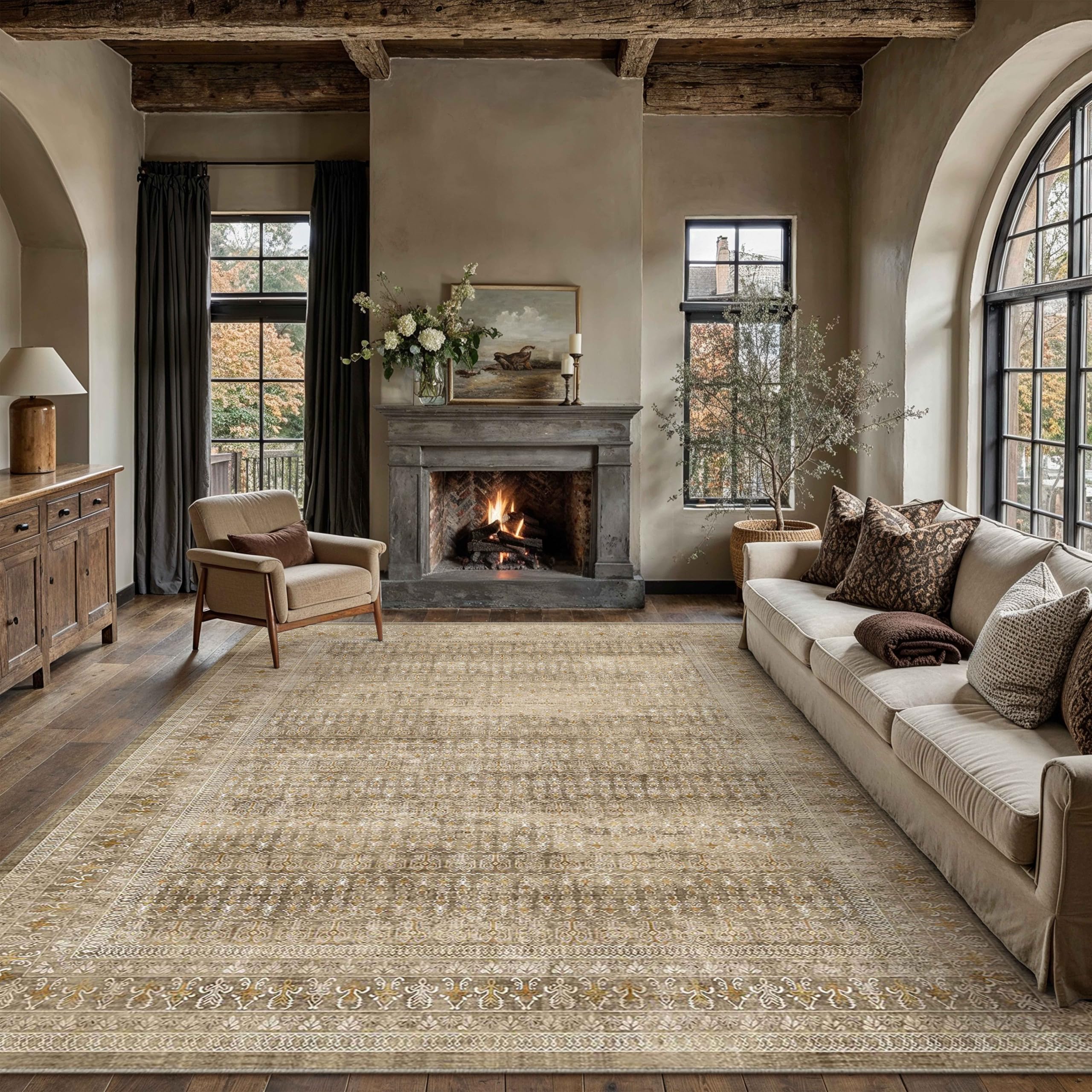 PureCozy Brown 6x9 Area Rug for Living Room Washable Vintage Distressed Large Carpet Bedroom Low Pile Non Slip Indoor Soft Retro