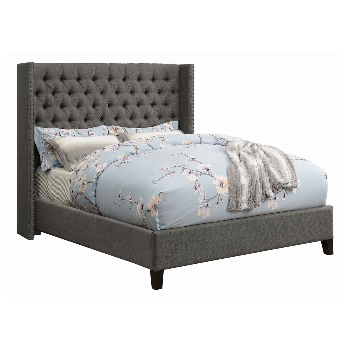 Coaster Home Furnishings Bancroft Transitional Fabric Upholstered Eastern King Size Wingback Bed Frame 60-inch Headboard Grey 301405KE