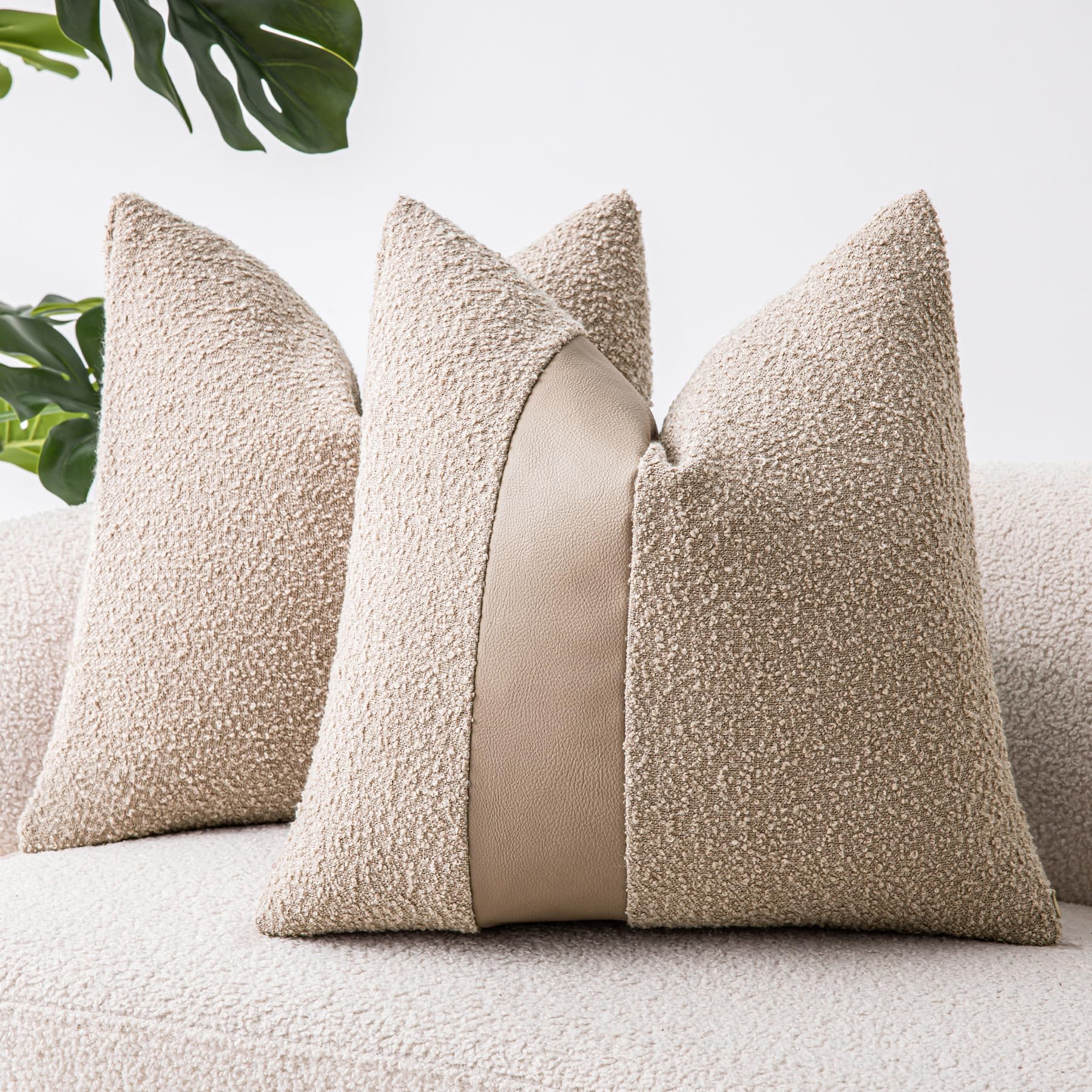 Sinyasan 18'X18' Oatmeal Boucle Throw Pillow Covers With Faux Leather Accents Set Of 2 Fluffy Textured Decorative Pillow Cases