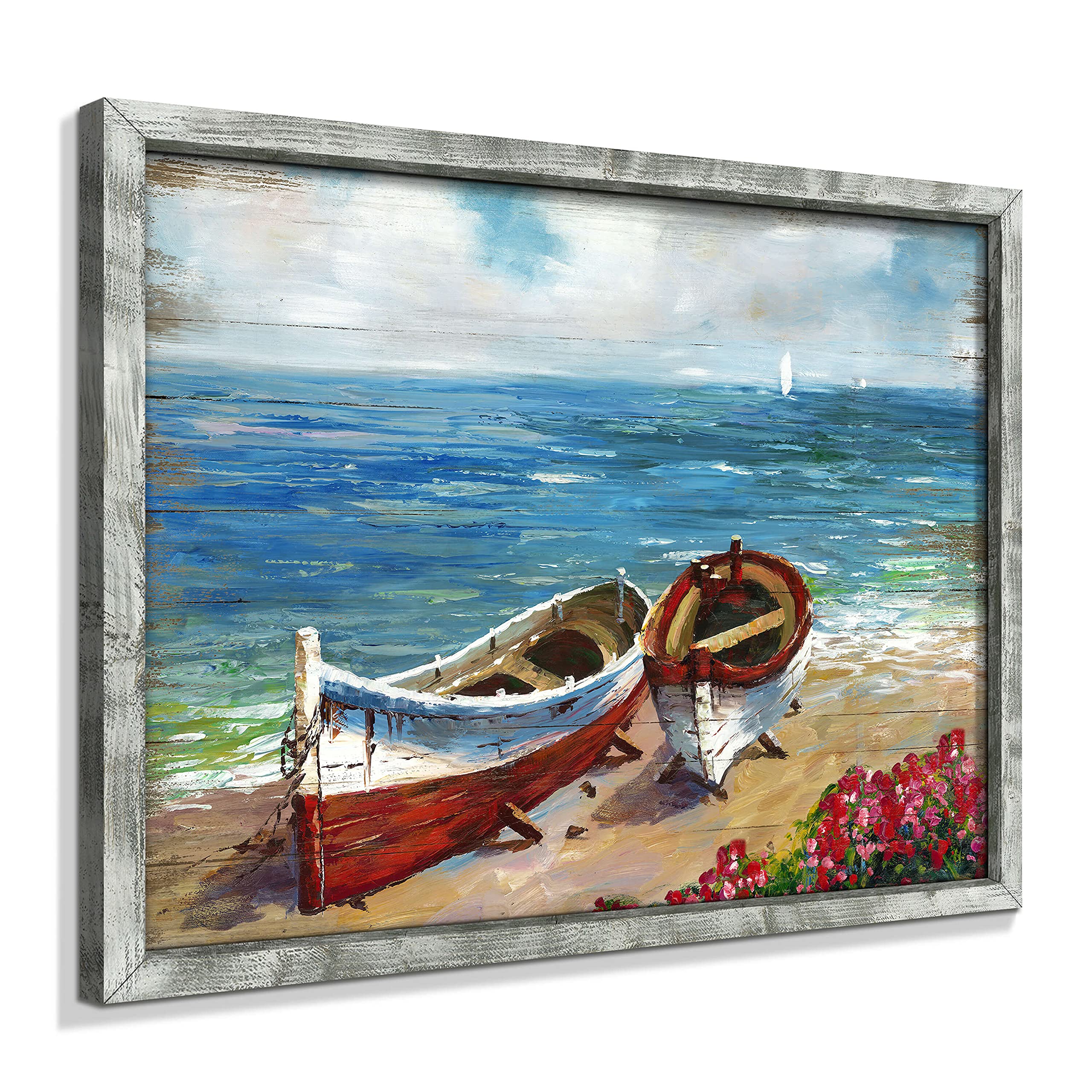 Seascape Painting Abstract Artwork Framed: Wooden Coastal Wall Art Sail Boat Pictures Prints Colorful Ocean Wall Decor for Bedro