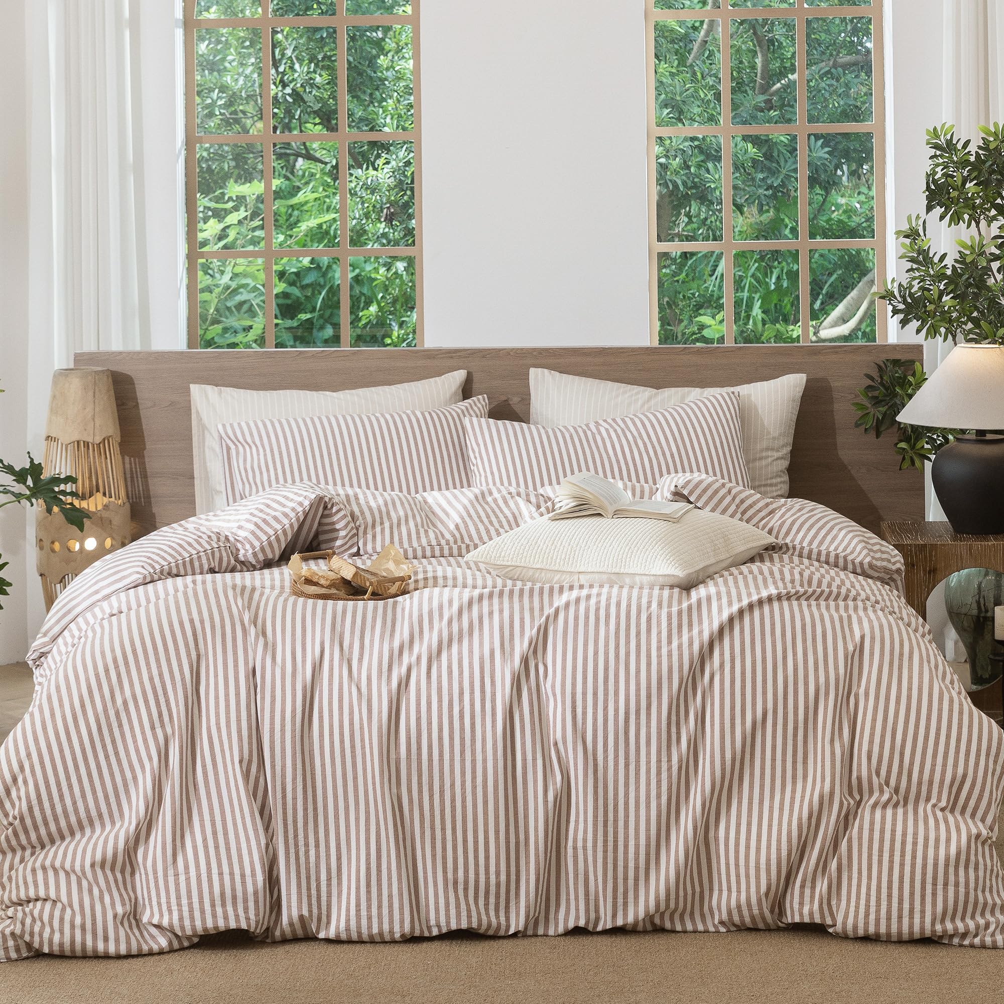 MooMee Striped Duvet Cover Set 100% Washed Cotton Linen Like Textured Breathable Durable Soft Comfy (Orange Classic Stripes, Ove
