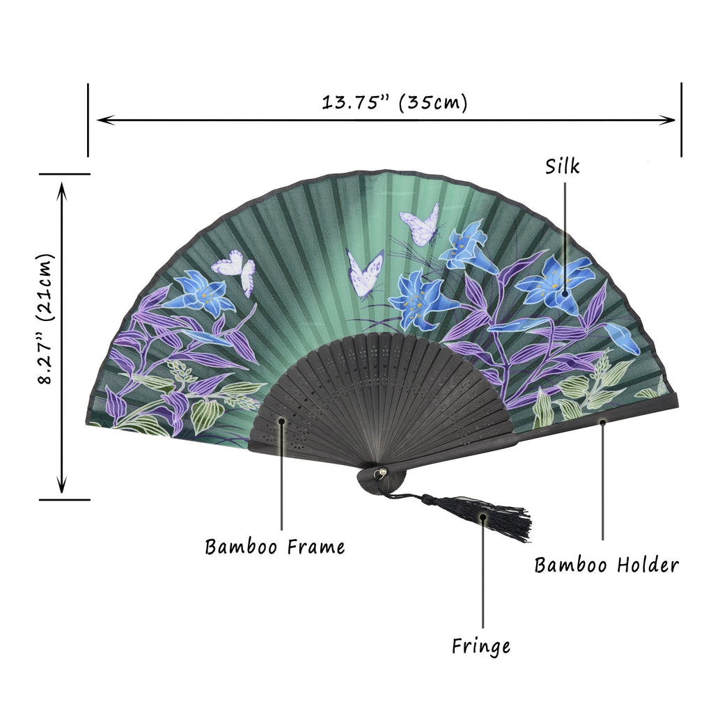 Omytea Hand Held Silk Folding Fan With Bamboo Frame - With A Fabric Sleeve For Protection For Gifts - 100% Handmade Oriental Chi