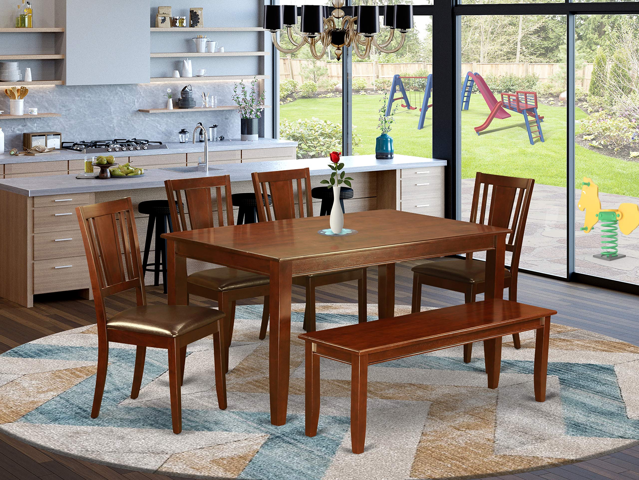 East West Furniture Dudley 6 Piece Kitchen Set Contains a Rectangle Room Table and 4 Faux Leather Dining Chairs with a Bench, 36x60 Inch, DUDL6-MAH-LC