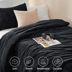 Chixpace Fluffy Twin Comforter Set - Furry Black Leaves Pattern Faux Fur Bed Set, Winter Ultra Soft Fuzzy Comfort Set, Velvet Be