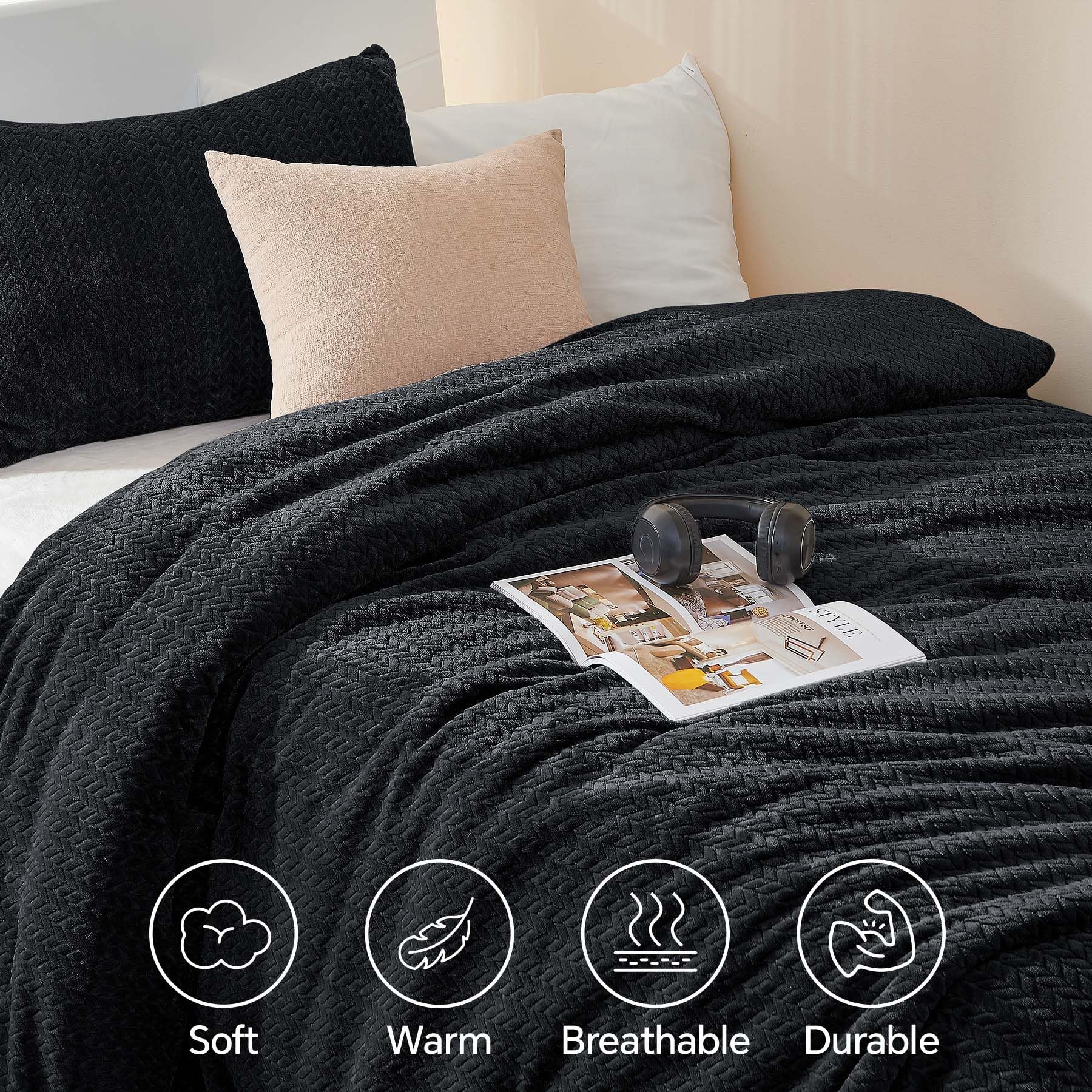 Chixpace Fluffy Twin Comforter Set - Furry Black Leaves Pattern Faux Fur Bed Set, Winter Ultra Soft Fuzzy Comfort Set, Velvet Be