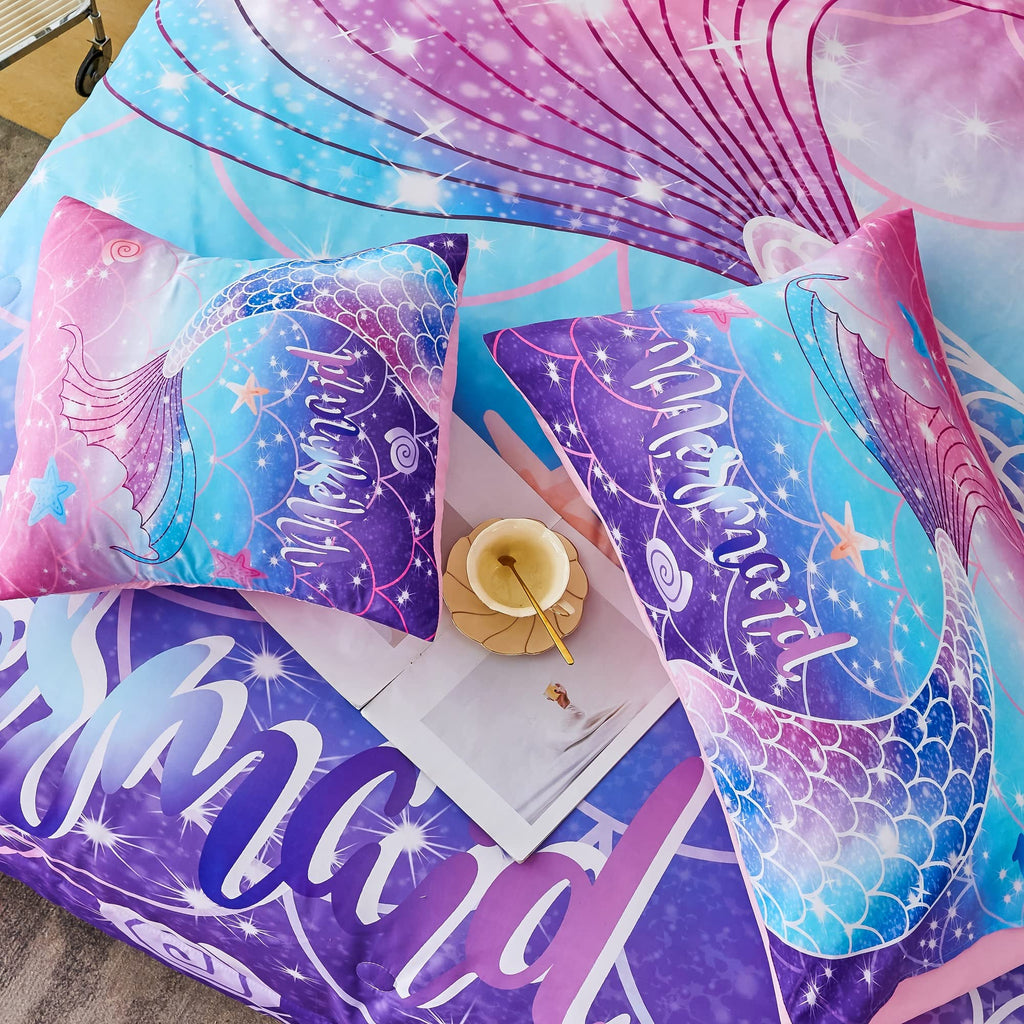 Rynghipy Mermaid Comforter Set 6Pcs, Kids Gilrs Bed In A Bag Twin Size, Mermaid Tail Print Teens Girls Bedding Set, Rainbow Bedd