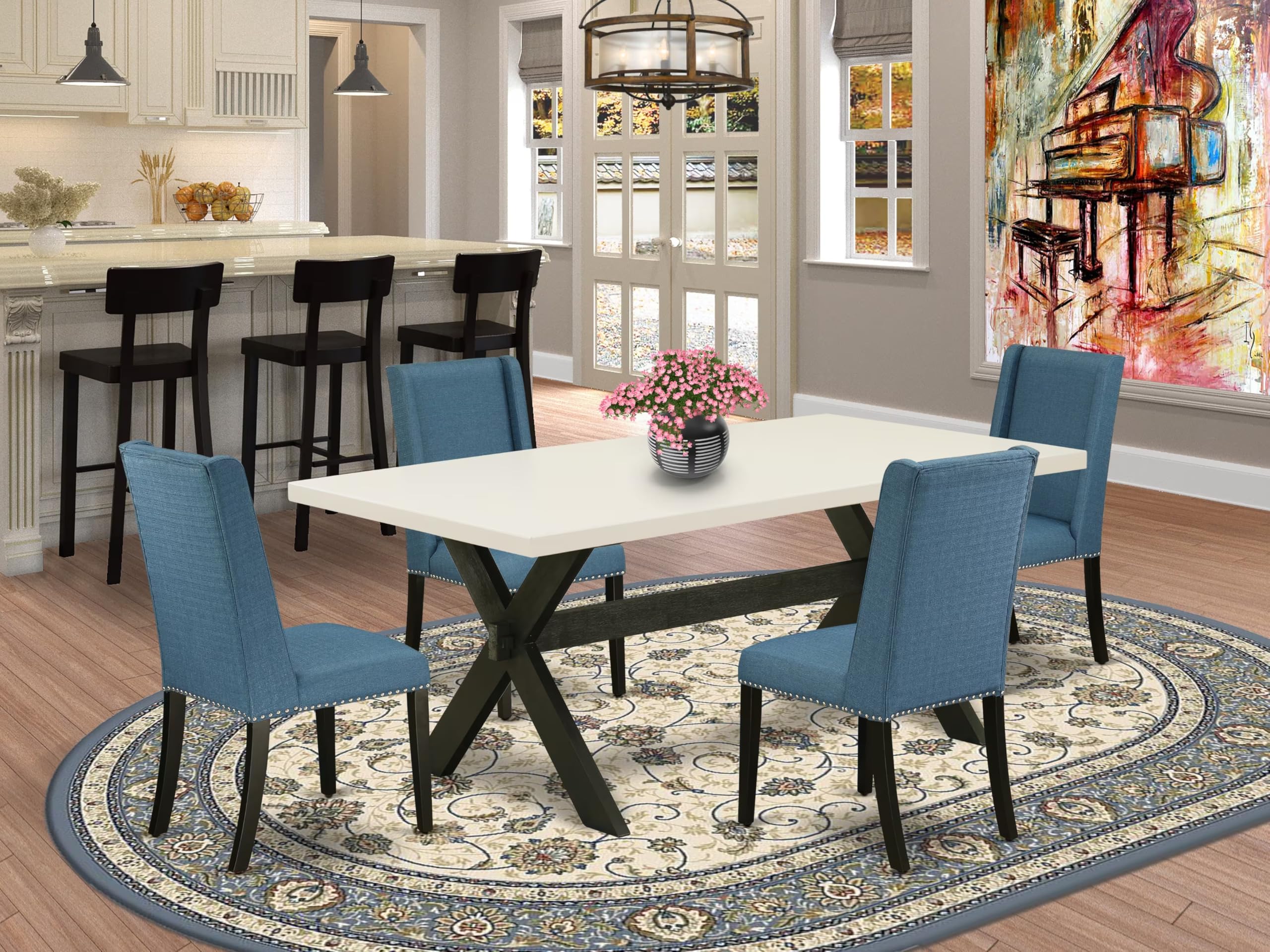 East West Furniture X627Fl121-5 5 Piece Dining Table Set For 4 Includes A Rectangle Kitchen Table With X-Legs And 4 Blue Linen Fabric Upholstered Parson Chairs, 40X72 Inch, Multi-Color
