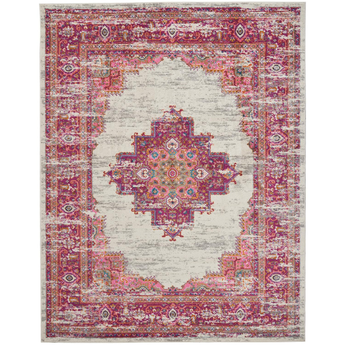 Nourison Passion Ivory/Fuchsia 6'7' X 9'6' Area Rug, Boho, Traditional, Easy Cleaning, Non Shedding, Bed Room, Living Room, Ha