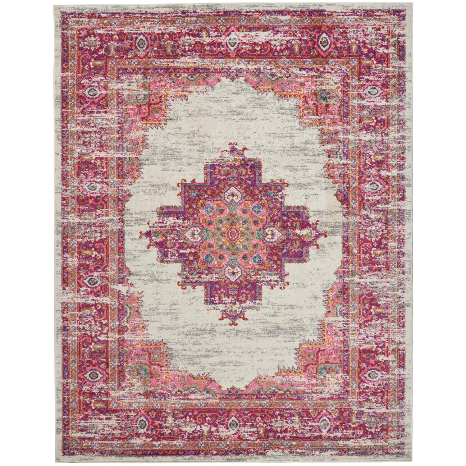 Nourison Passion Ivory/Fuchsia 6'7' X 9'6' Area Rug, Boho, Traditional, Easy Cleaning, Non Shedding, Bed Room, Living Room, Ha