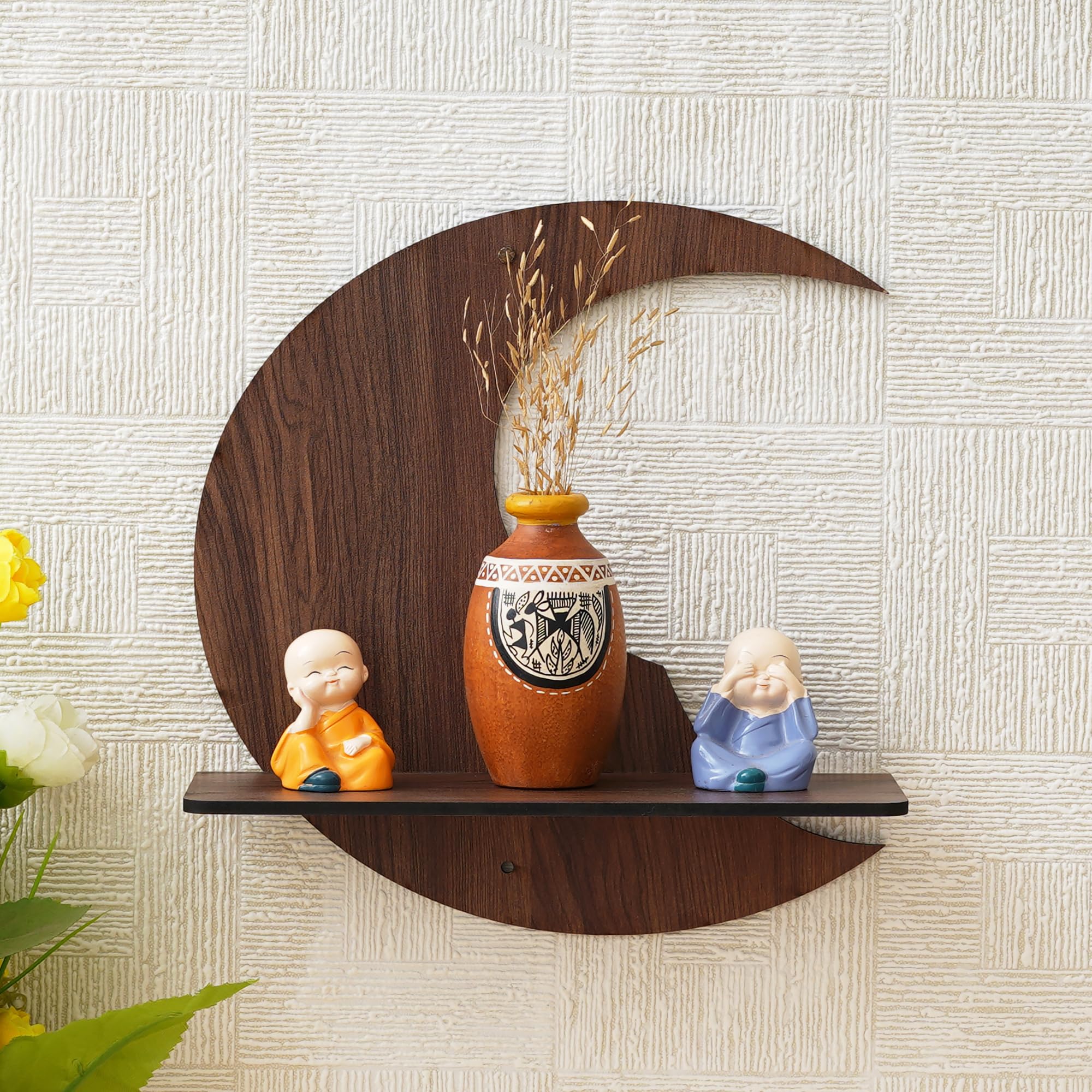 Ecraftindia Brown Moon Shape Designer Wooden Wall Shelf | Stylish Home Decor And Storage Solution For Living Rooms, Bedrooms, Ki