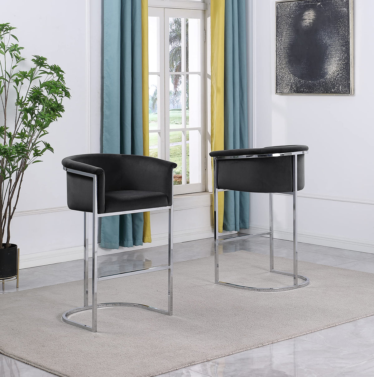 Best Quality Furniture Bar Stools (Single) Black Velvet With Silver Iron Frame