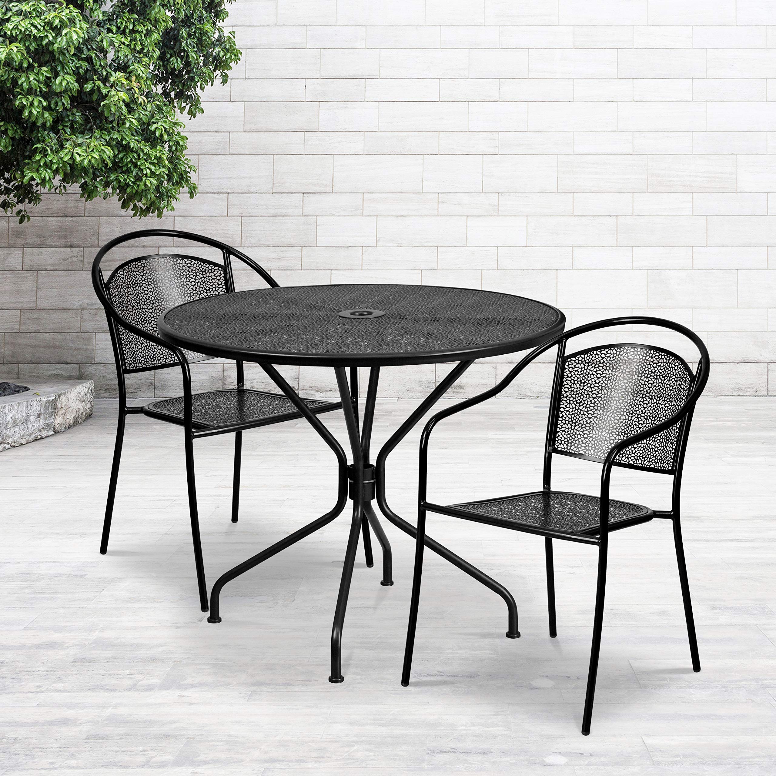 Flash Furniture Commercial Grade 35.25' Round Black Indoor-Outdoor Steel Patio Table Set With 2 Round Back Chairs