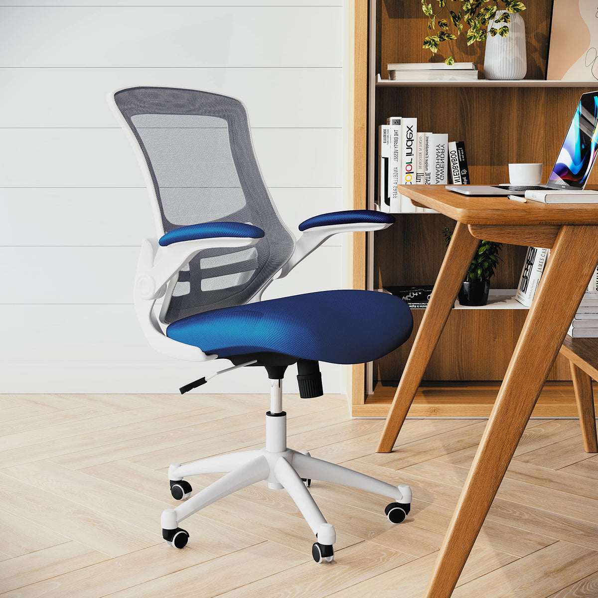 Flash Furniture Kelista Office Chair, Ergonomic, Mid-Back, White Frame, Blue Mesh with Swivel