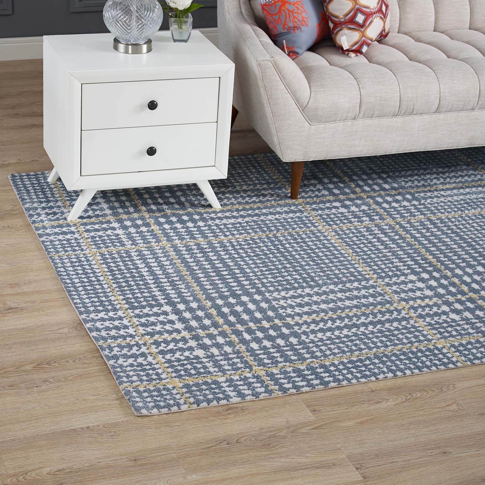 Modway Kaja Abstract Plaid 5X8 Area Rug In Ivory, Cadet Blue And Citron
