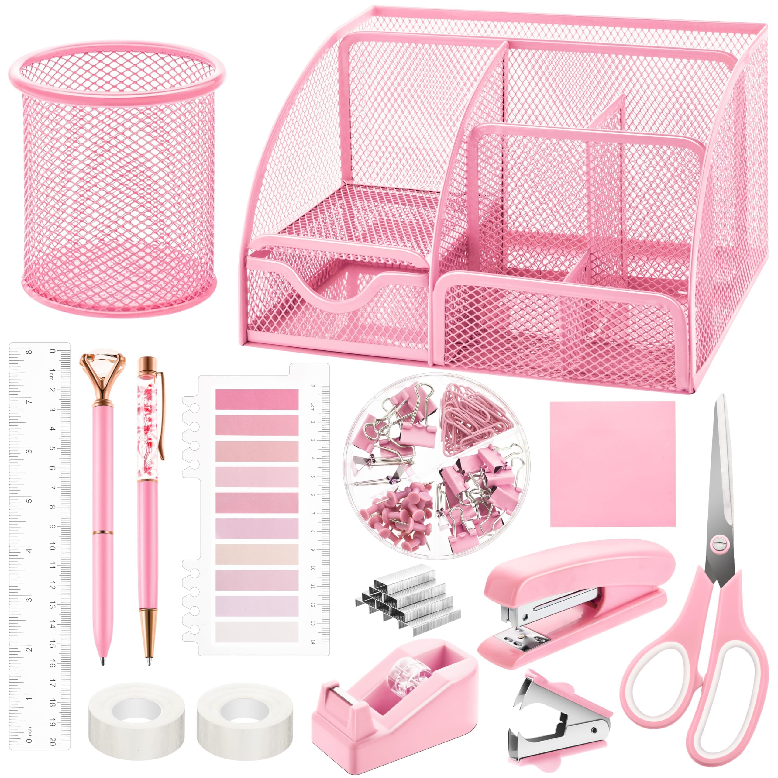 11 Pcs Pink Office Supplies Set Mesh Desk Organizer Accessories Kit Include Stapler Tape Dispenser Staple Remover Clips Ruler Sc