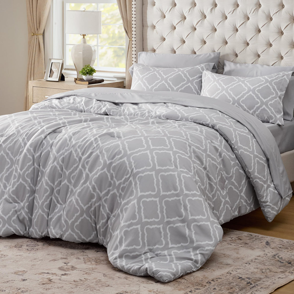 Bedsure Full Comforter Set 7 Pieces - Grey Quatrefoil Comforters Full Size, Lightweight Bedding Sets For All Season, Bed In A Ba