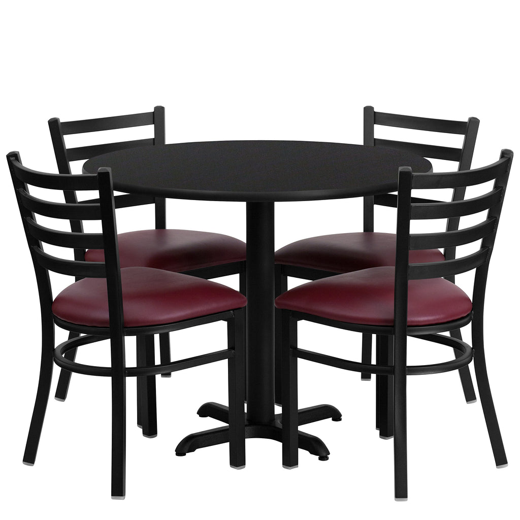 Flash Furniture Carlton 36'' Round Black Laminate Table Set with X-Base and 4 Ladder Back Metal Chairs - Burgundy Vinyl Seat
