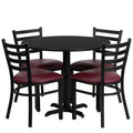 Flash Furniture Carlton 36'' Round Black Laminate Table Set with X-Base and 4 Ladder Back Metal Chairs - Burgundy Vinyl Seat