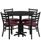 Flash Furniture Carlton 36'' Round Black Laminate Table Set with X-Base and 4 Ladder Back Metal Chairs - Burgundy Vinyl Seat