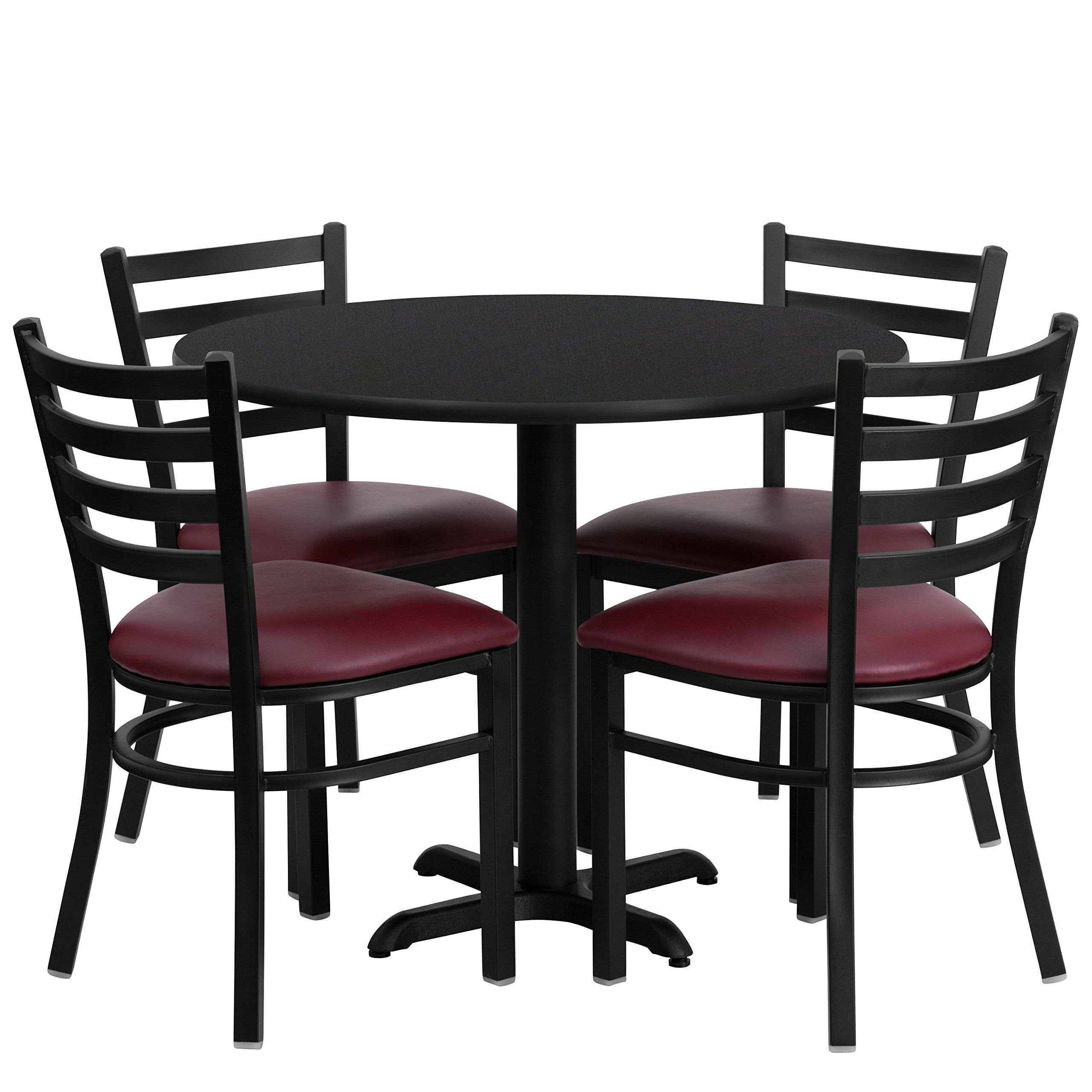 Flash Furniture Carlton 36'' Round Black Laminate Table Set with X-Base and 4 Ladder Back Metal Chairs - Burgundy Vinyl Seat
