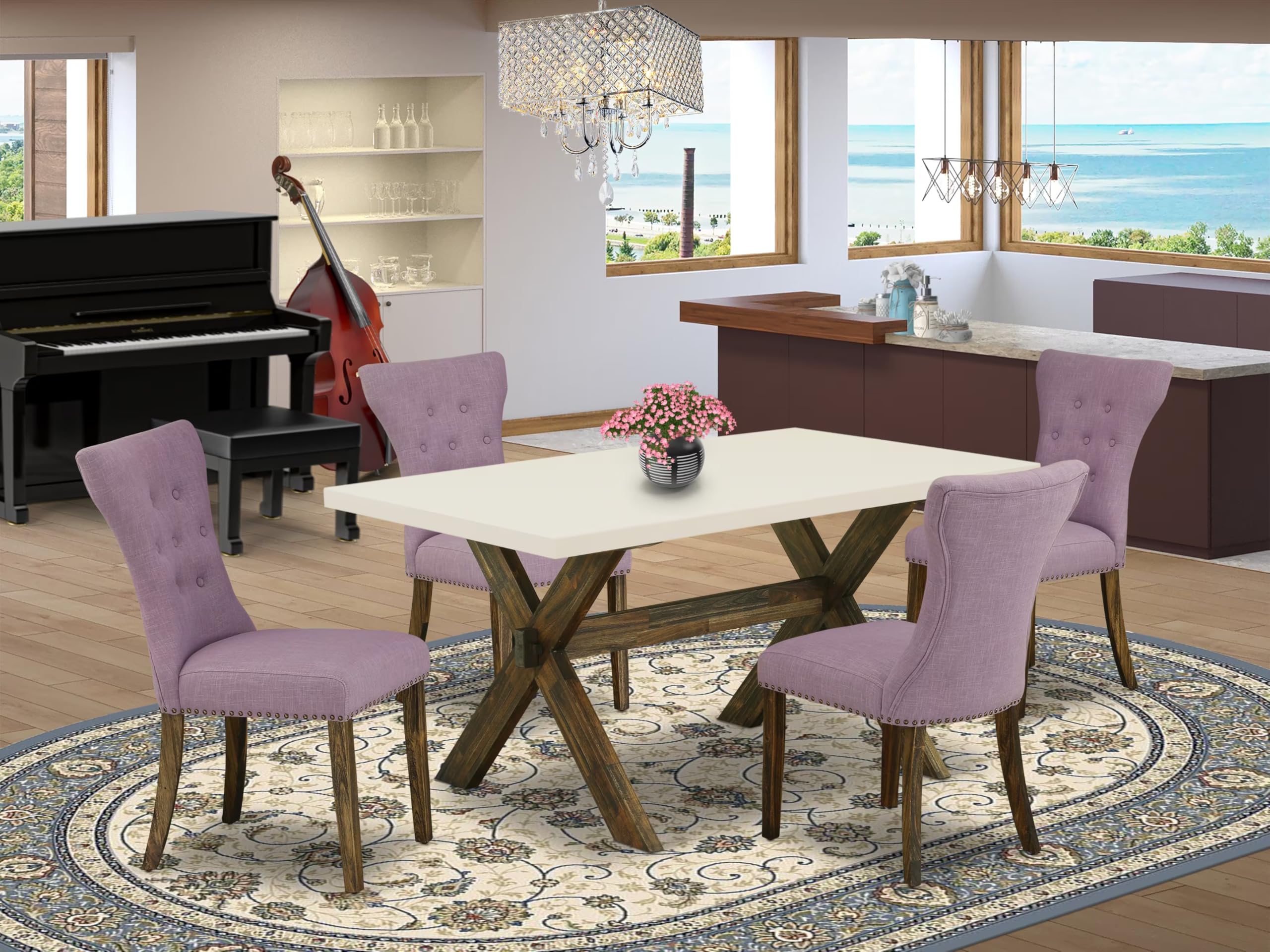 East West Furniture X726Ga740-5 5 Piece Dining Table Set For 4 Includes A Rectangle Kitchen Table With X-Legs And 4 Dahlia Linen Fabric Parson Dining Chairs, 36X60 Inch, Multi-Color