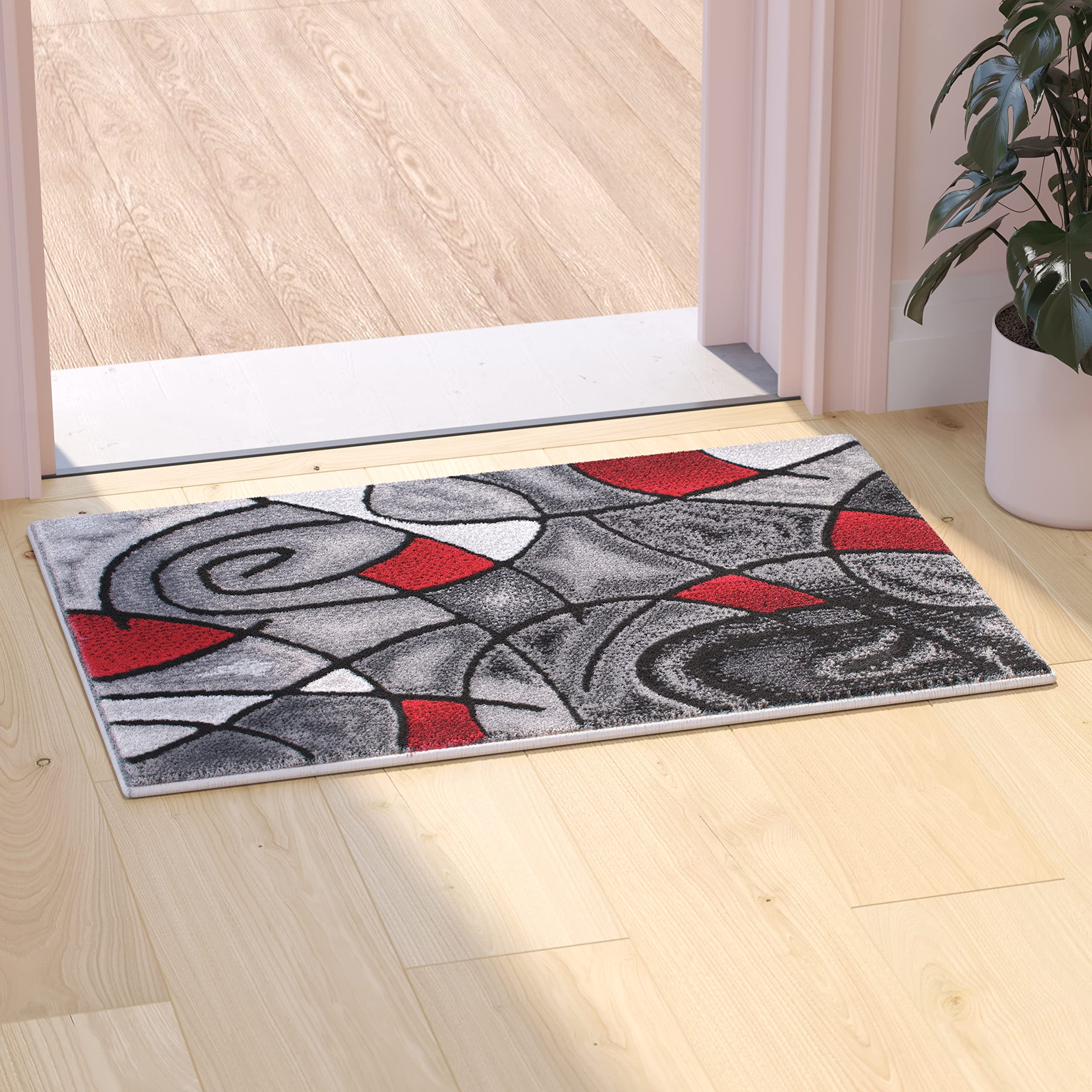 Flash Furniture Jubilee Collection Abstract Area Rug - High Pile Red Olefin Rug - 2' X 3' Area Rug - Jute Backing - Hallway, Entryway, Bedroom, Living Room