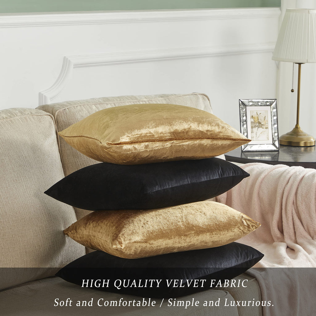 Gigizaza Decorative Throw Pillow Covers 18 X 18,Gold Black Soft, Set Of 4 Square Velvet Cushion Covers