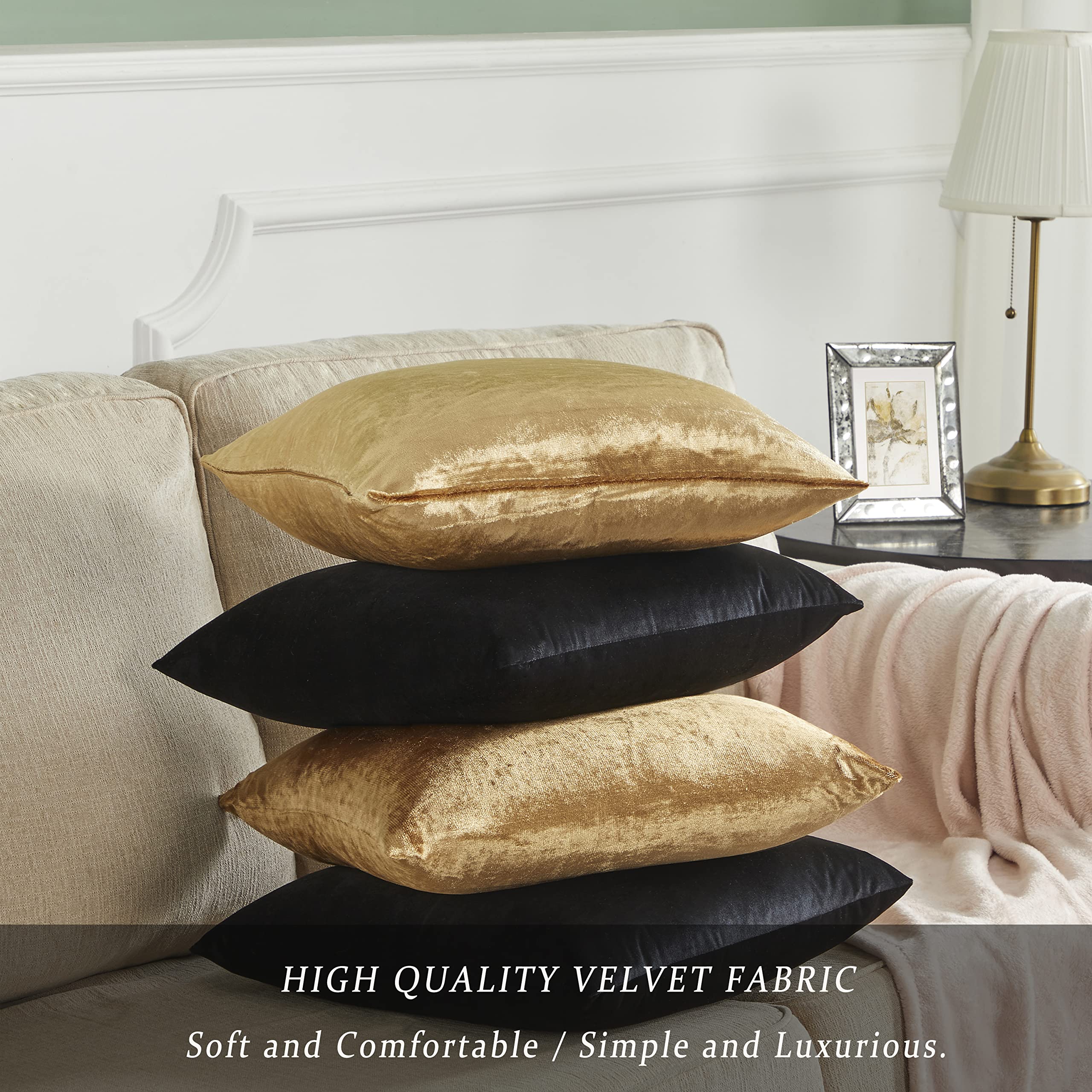 Gigizaza Decorative Throw Pillow Covers 18 X 18,Gold Black Soft, Set Of 4 Square Velvet Cushion Covers
