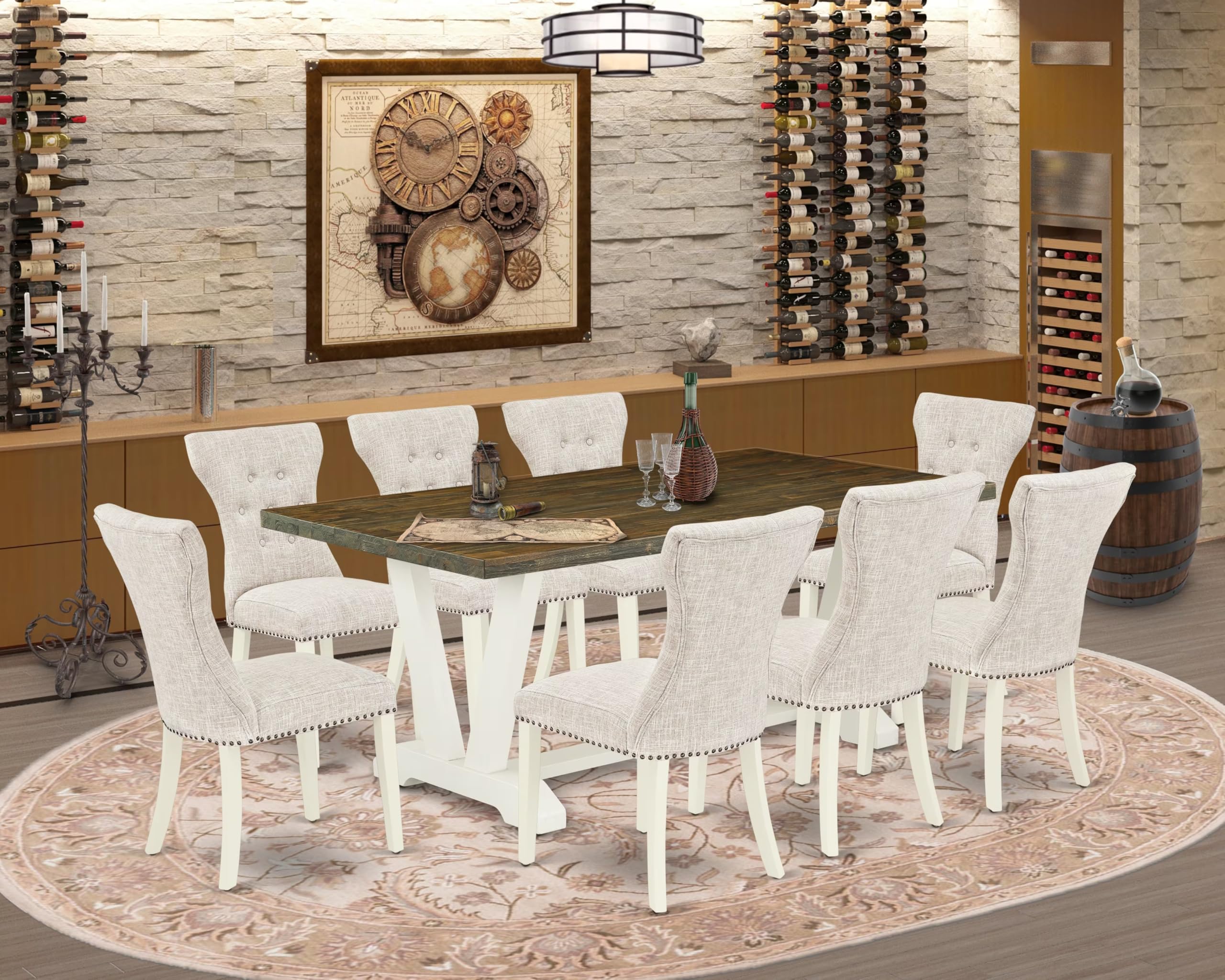 East West Furniture V077Ga235-9 9 Piece Kitchen Table Set Includes A Rectangle Dining Table With V-Legs And 8 Doeskin Linen Fabric Parsons Dining Chairs, 40X72 Inch, Multi-Color
