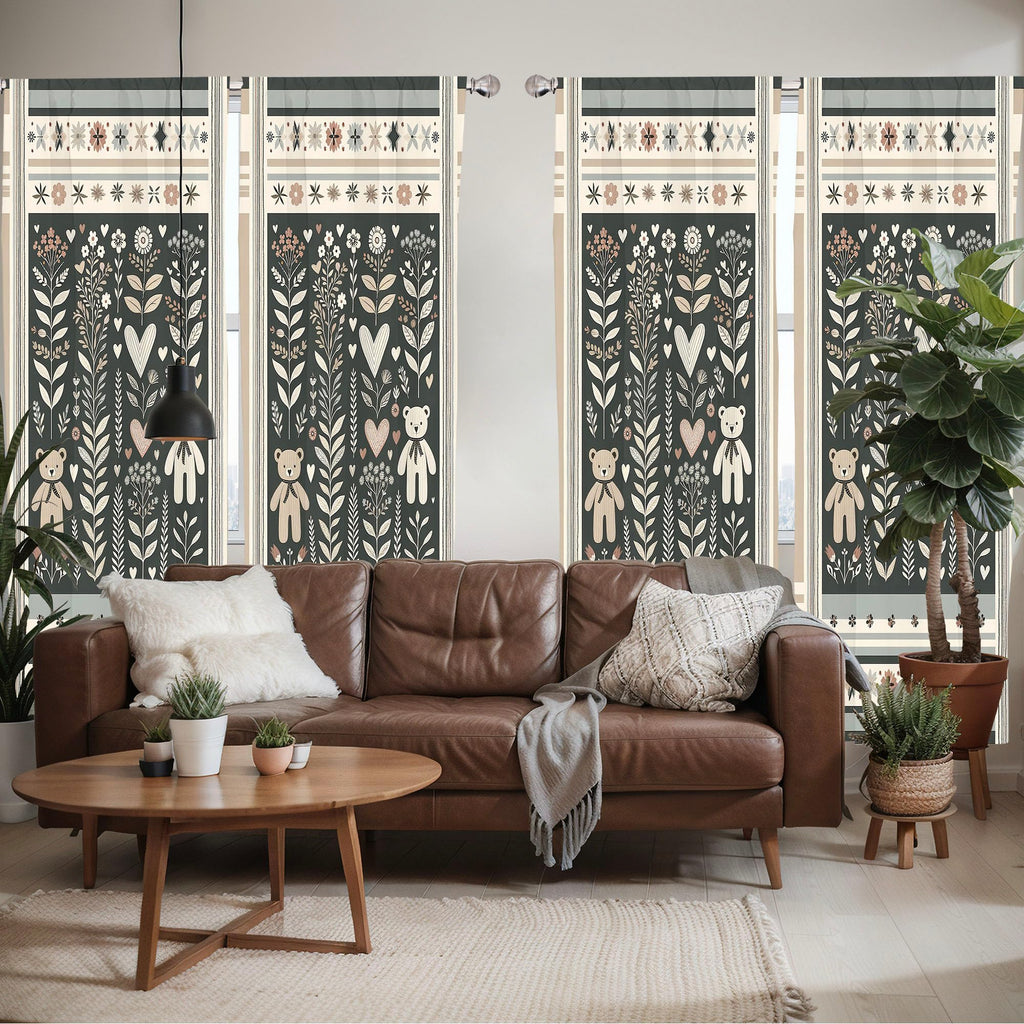 Ambesonne Neutral Window Curtains Pack Of 2, Cartoonish Bears Nordic Scandi Themed Leaves Botanical Hearts Minimal Tones, Lightw