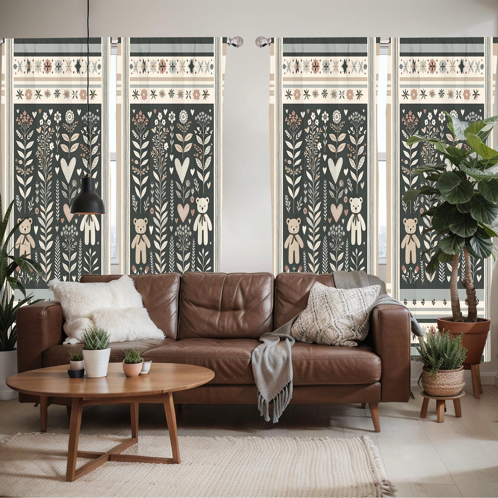 Ambesonne Neutral Window Curtains Pack Of 2, Cartoonish Bears Nordic Scandi Themed Leaves Botanical Hearts Minimal Tones, Lightw