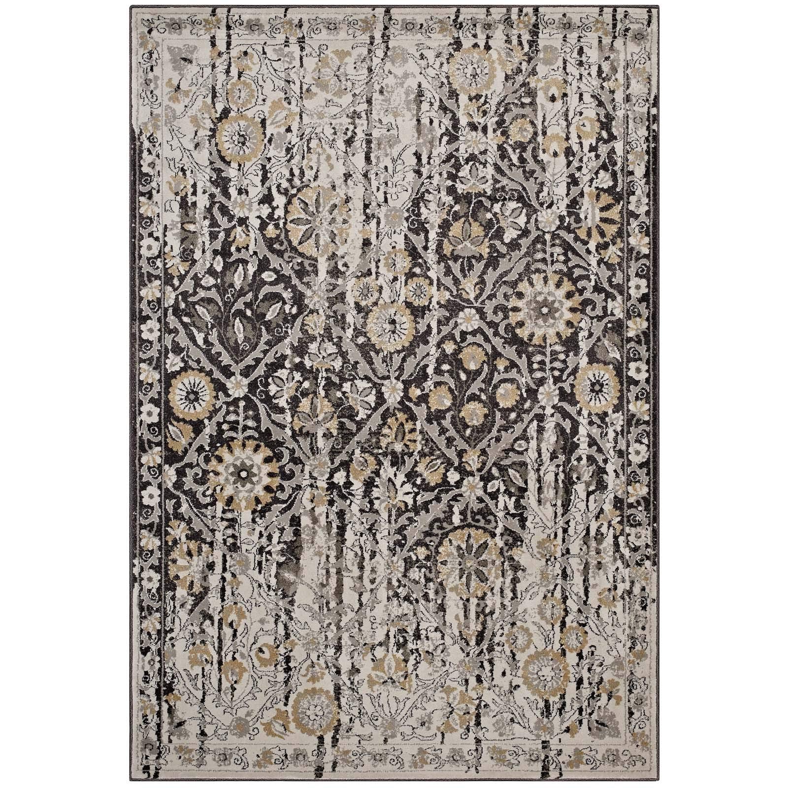 Modway Ganesa Distressed Diamond Floral Lattice 5X8 Area Rug In Black And Beige