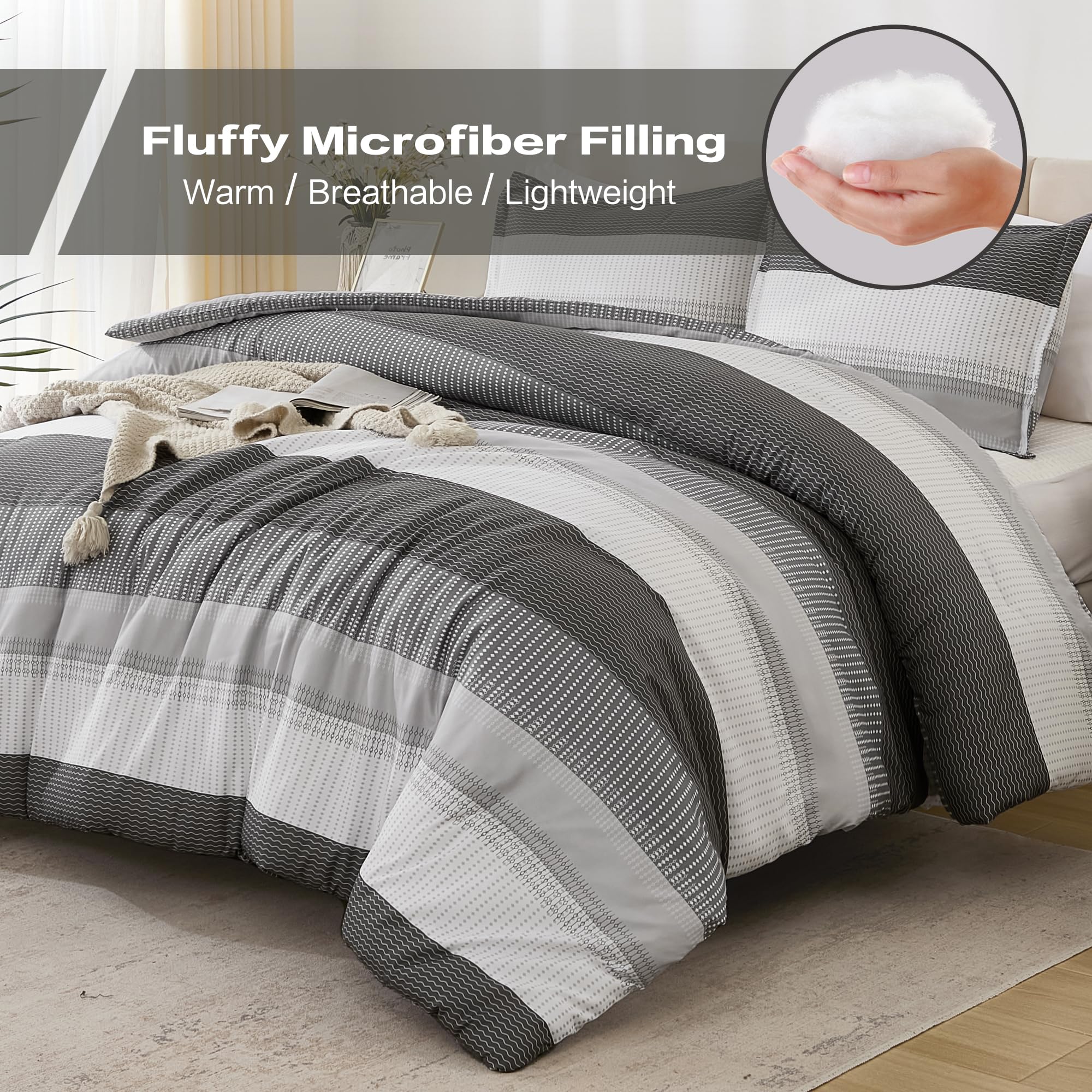 Litanika Dark Grey California King Comforter Set - 3 Pieces Cal King Oversized Lightweight Summer Colorblock Stripe Bedding Set